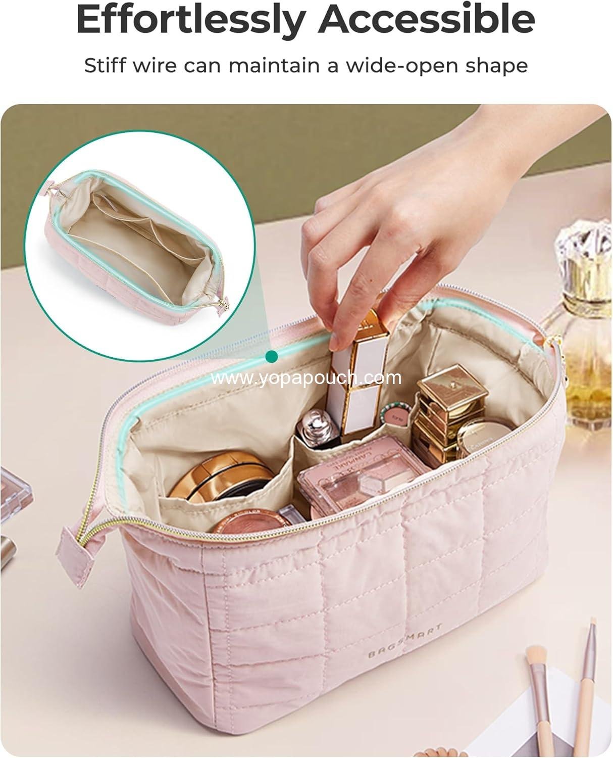 Wholesale Puffy Padded Makeup Bag Travel Toiletry Organizer for Women, Wide-Open Pouch for Travel Essentials, Pink, Factory