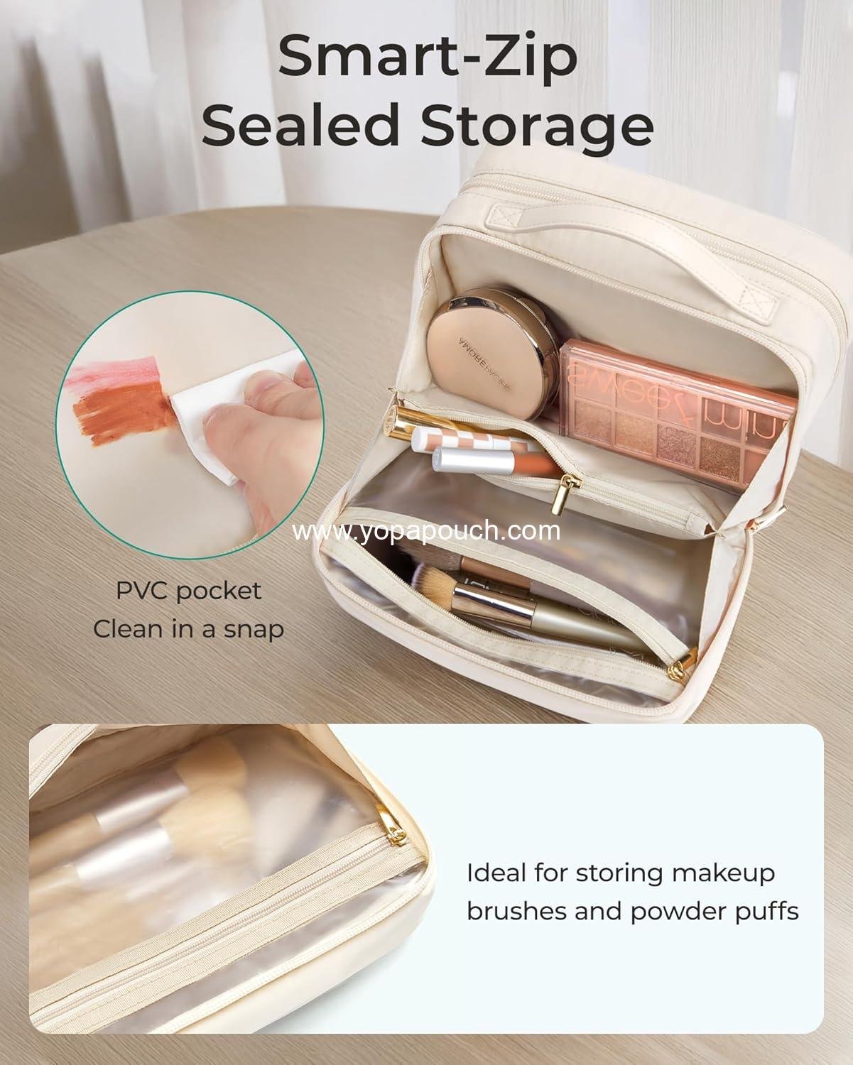 Wholesale Travel Makeup Bag with Multiple Compartments, Durable and Compact Cosmetic Organizer for Women - Beige Supplier