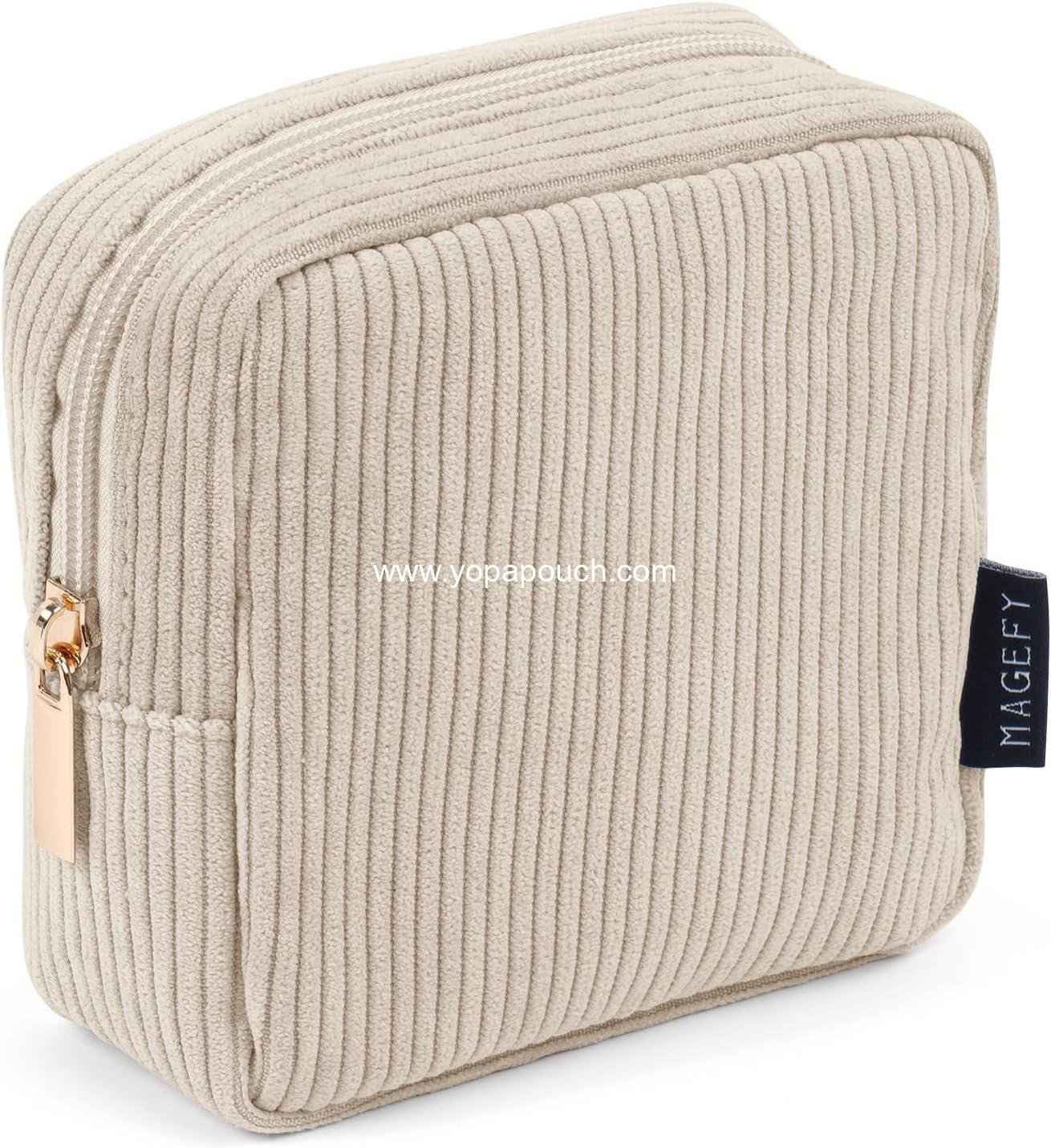 MAGEFY Small Makeup Bag for Purse Mini Cosmetics Bag Corduroy Cute Cosmetic Pouch for Women with Slip-in Pockets