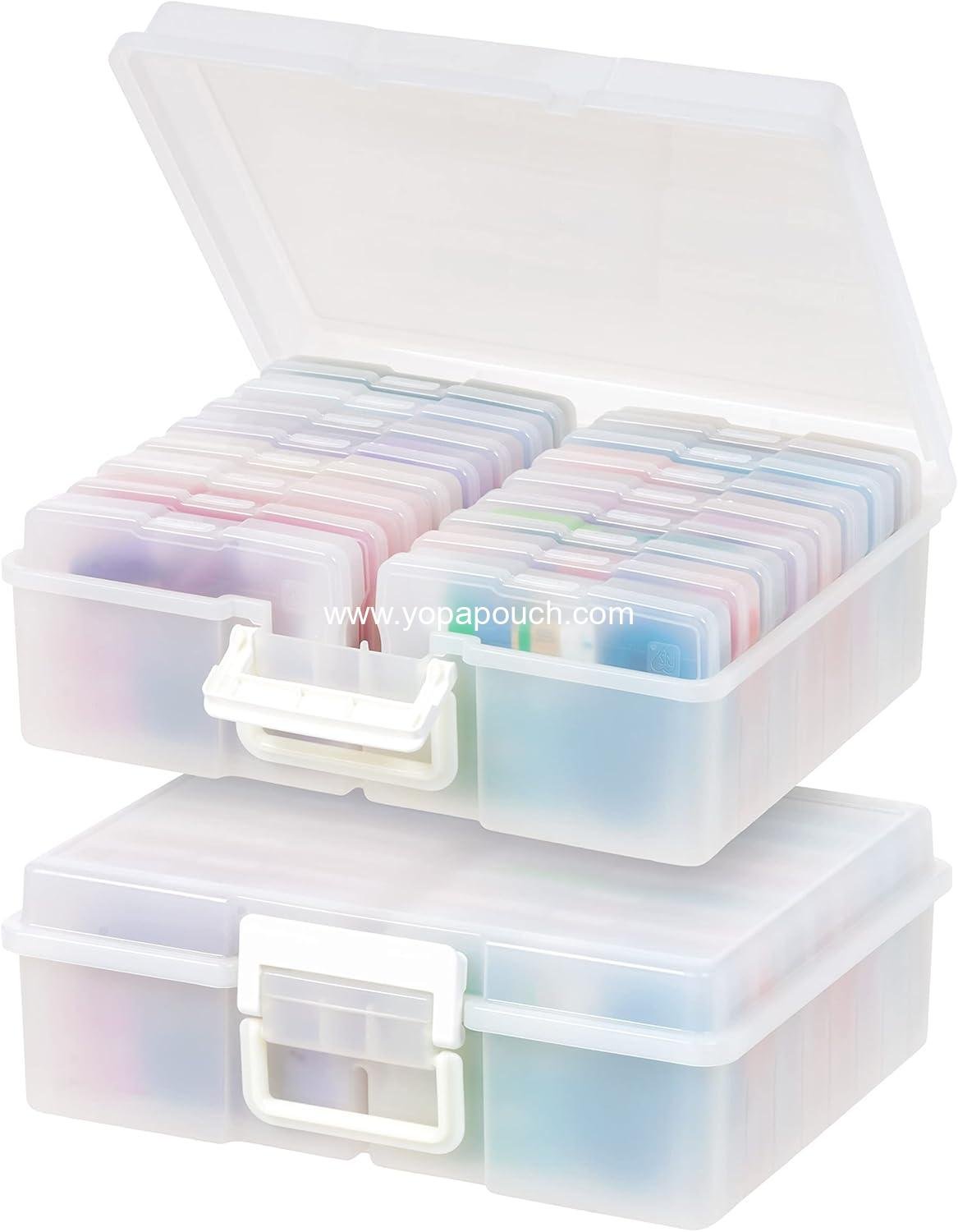 IRIS USA 4" x 6" Photo Storage Box Craft Keeper, 2-Pack, Discreet Handle Container with 16 Organization Holder Cases for Pictures, Tasks, Scrapbooking, Stationery Storage, Pearl