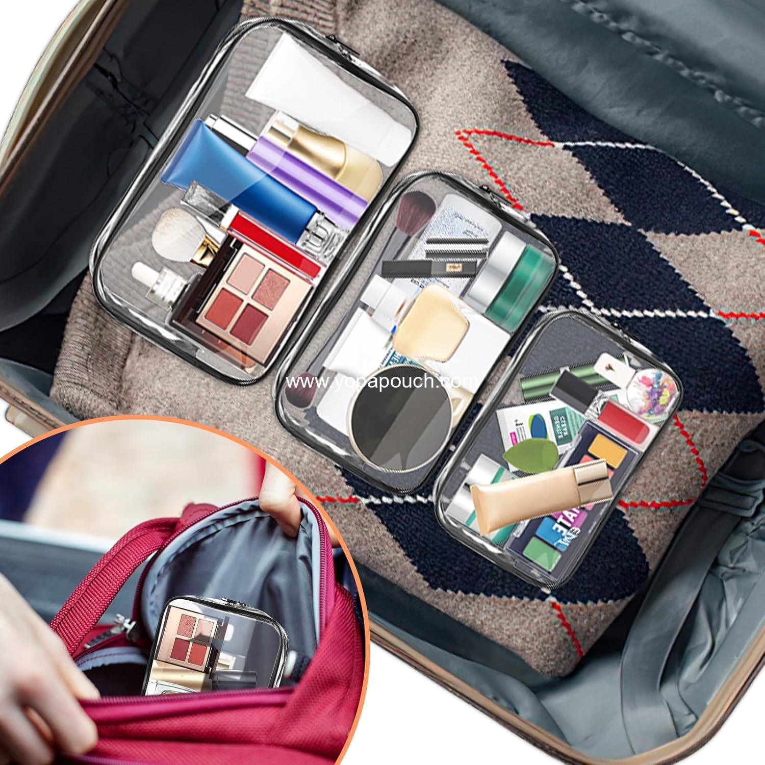 Wholesale Clear Makeup Bag, Portable Travel Toiletry Bag with Zipper, TSA Approved Organizer, PVC Cosmetic Pouch for Airport Compliance, Supplier
