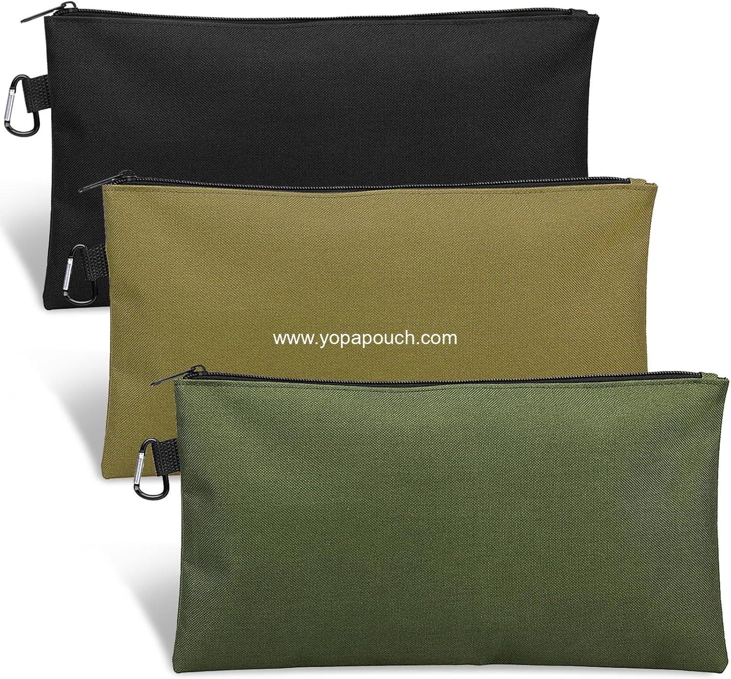 3 Pack Tool Bag Zipper Pouch, Premium Tool Pouch, Utility Multipurpose Storage Organizer Tool Pouches with Carabiner Metal Zipper for Tools, Stationary, Pencil Pouch (3 Pack, Tan, Navy Green, Black)
