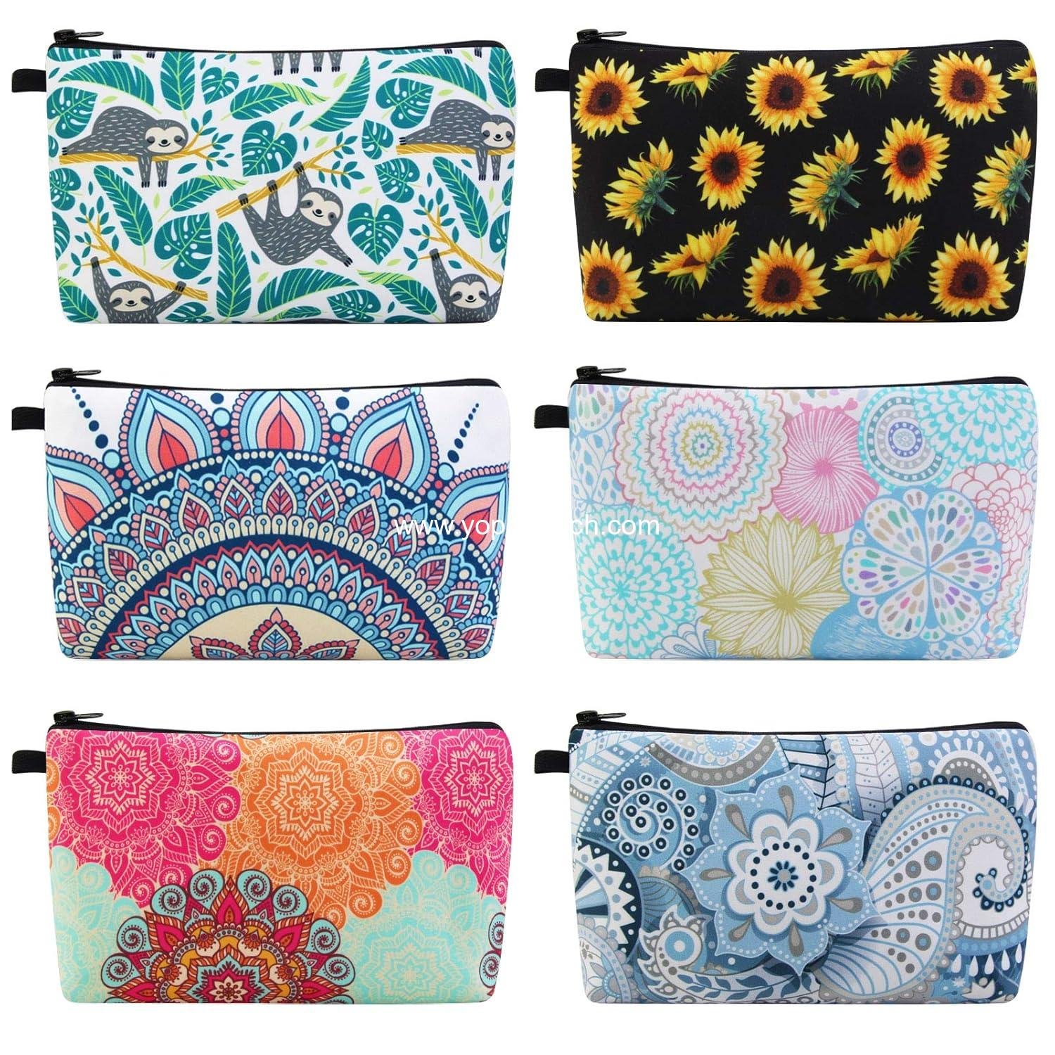 MAGEFY Makeup Bag 6 Styles Portable Travel Cosmetic Bag for Women Flower Patterns Zipper Pouch Sloth Gifts Makeup Pouch with Black Zipper (6 packs)