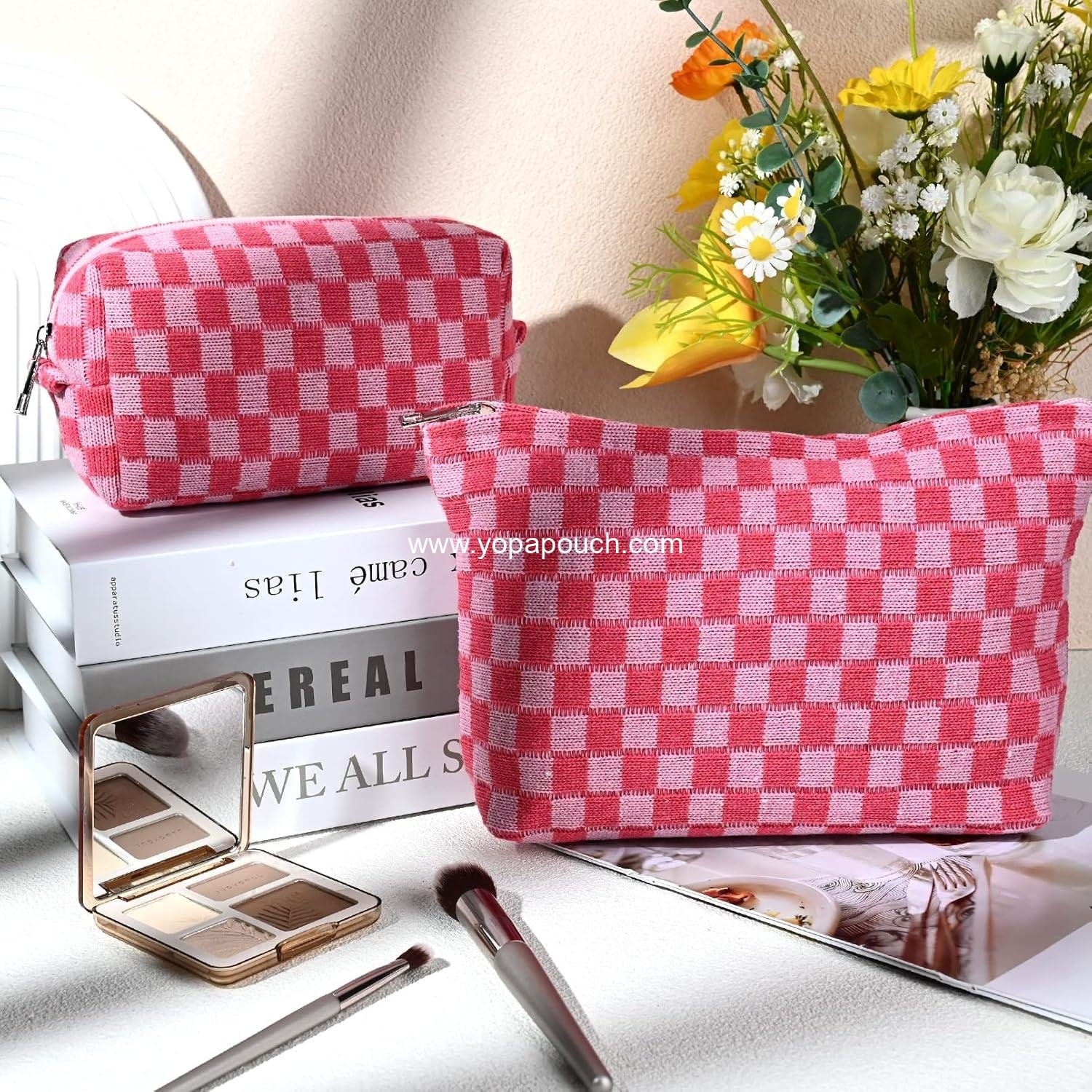Wholesale Large Checkered Makeup Bag - 2 Pieces Canvas Travel Toiletry Organizer for Women, Cute Aesthetic Storage for Makeup Brushes and Accessories, Mix Rose Red, Supplier