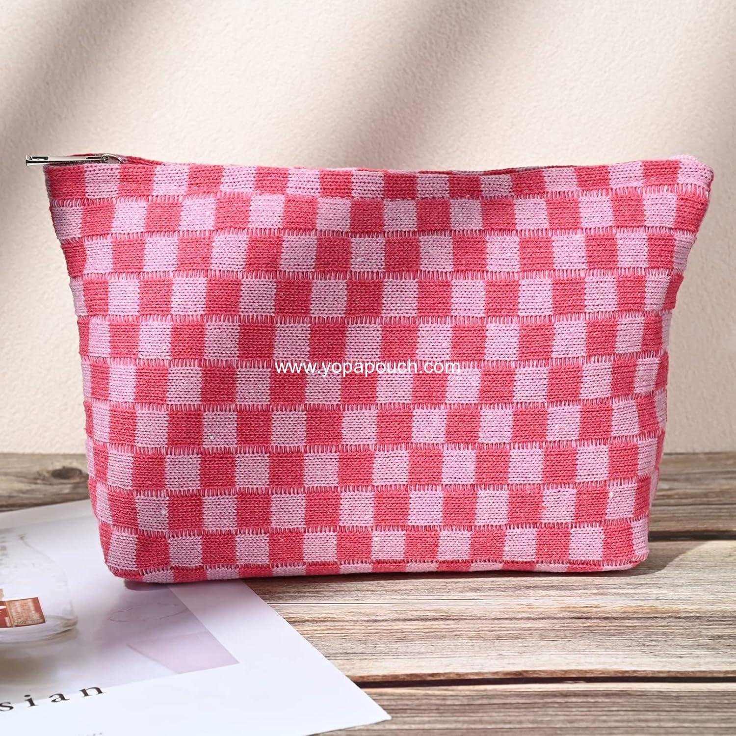 Wholesale Large Checkered Makeup Bag - 2 Pieces Canvas Travel Toiletry Organizer for Women, Cute Aesthetic Storage for Makeup Brushes and Accessories, Mix Rose Red, Supplier