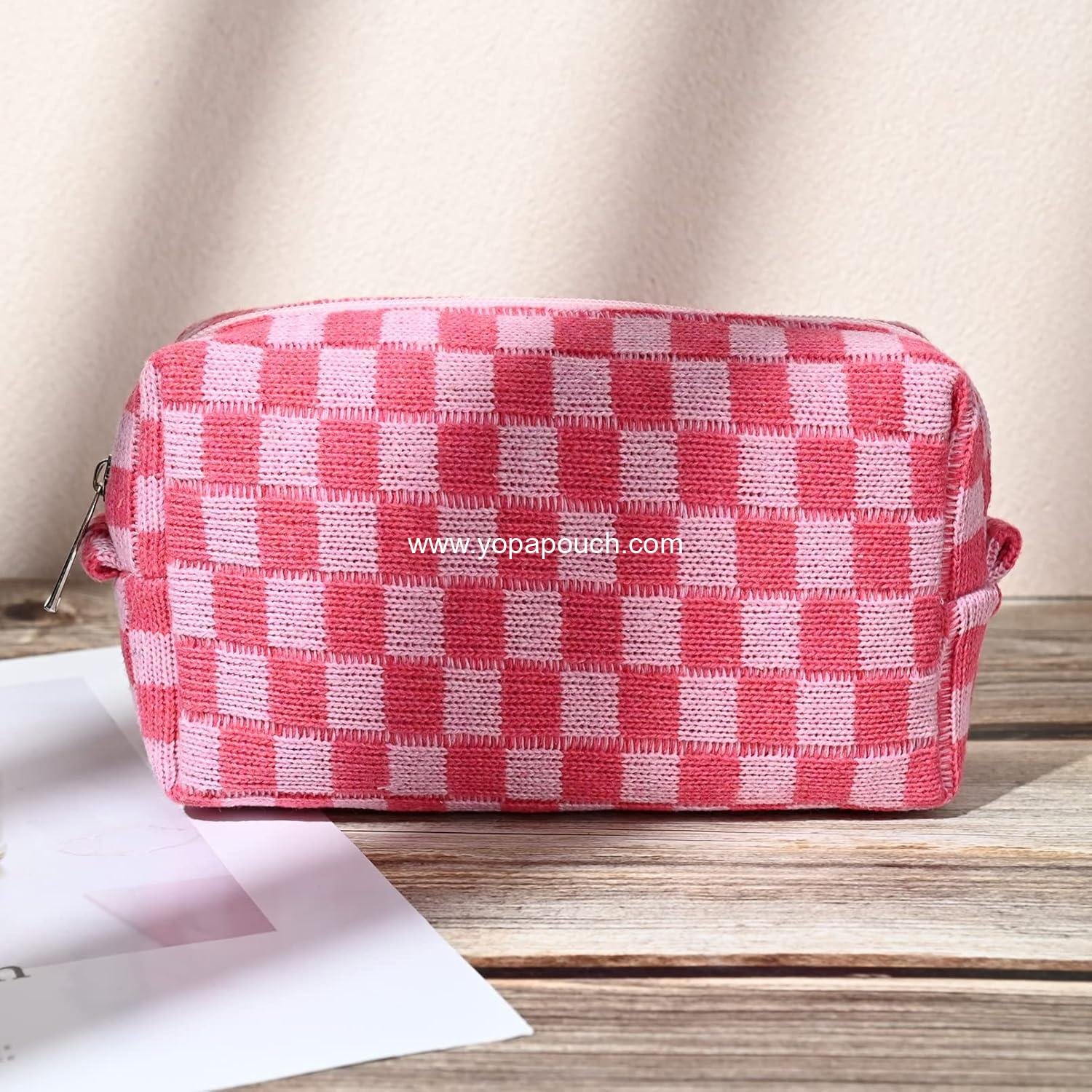 Wholesale Large Checkered Makeup Bag - 2 Pieces Canvas Travel Toiletry Organizer for Women, Cute Aesthetic Storage for Makeup Brushes and Accessories, Mix Rose Red, Supplier