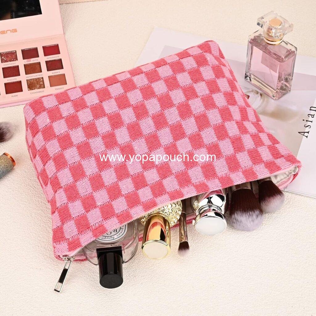 Wholesale Large Checkered Makeup Bag - 2 Pieces Canvas Travel Toiletry Organizer for Women, Cute Aesthetic Storage for Makeup Brushes and Accessories, Mix Rose Red, Supplier