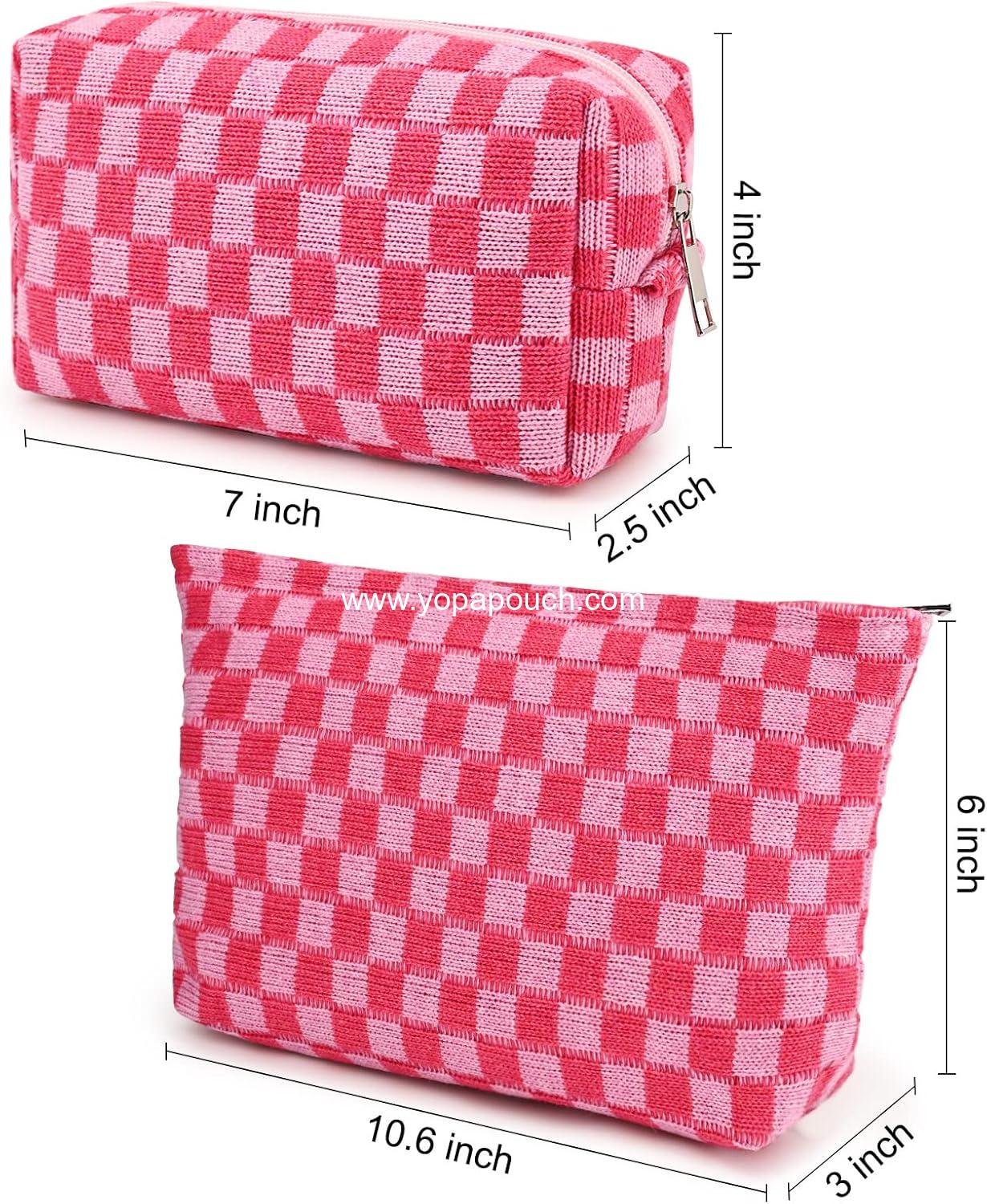 Wholesale Large Checkered Makeup Bag - 2 Pieces Canvas Travel Toiletry Organizer for Women, Cute Aesthetic Storage for Makeup Brushes and Accessories, Mix Rose Red, Supplier