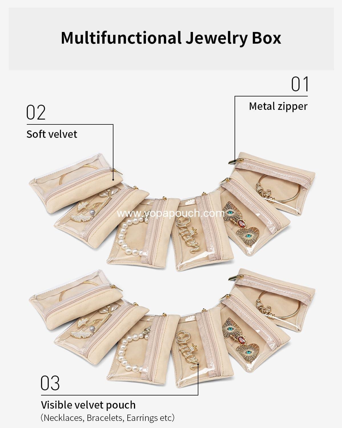 Wholesale 12 Pcs Travel Jewelry Organizer Velvet Pouch with Zipper Clear Bag for Business Trips Mother’s Day Gift for Mom Wife Women Supplier