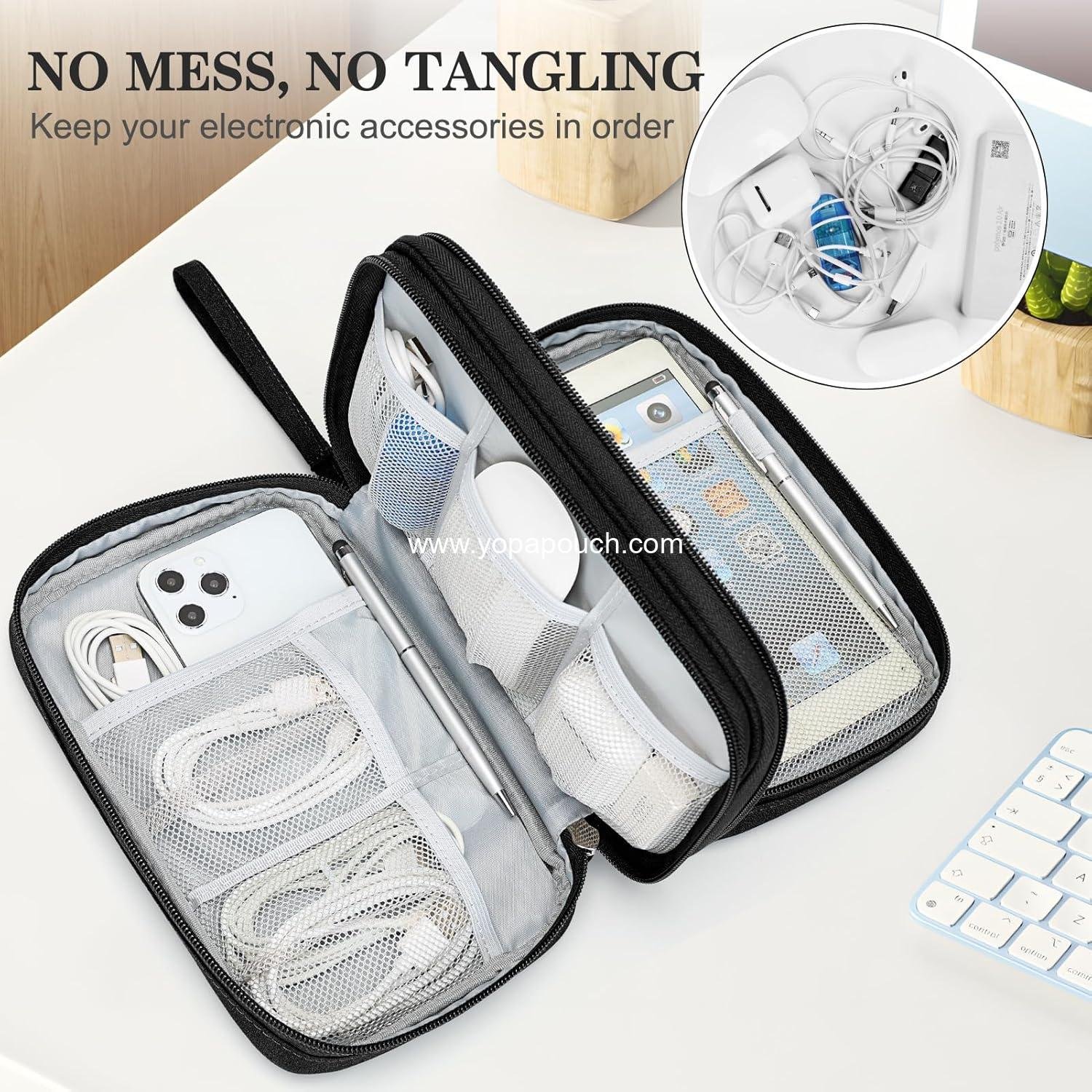 Wholesale Large Travel Cable Organizer Bag - Portable Waterproof Double Layer Electronic Accessories Storage Case for Cables, Chargers, and Phones - Black Supplier