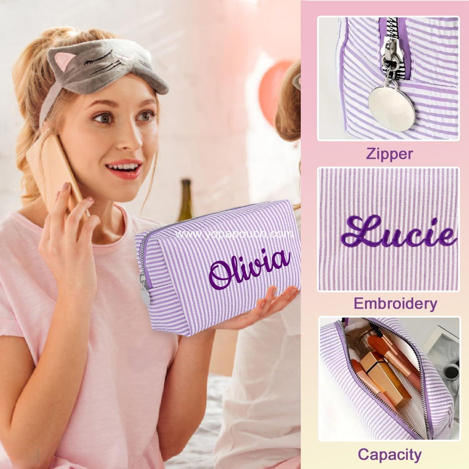 Wholesale Personalized Seersucker Makeup Bag with Embroidered Name & Birth Flower, Custom Small Travel Cosmetic & Toiletry Bag, Wedding Gifts for Bridesmaid or Bride (Makeup Bag with Name) Supplier Wholesale Personalized Seersucker Makeup Bag with Embroidered Name & Birth Flower, Custom Small Travel Cosmetic & Toiletry Bag, Wedding Gifts for Bridesmaid or Bride (Makeup Bag with Name) Supplier