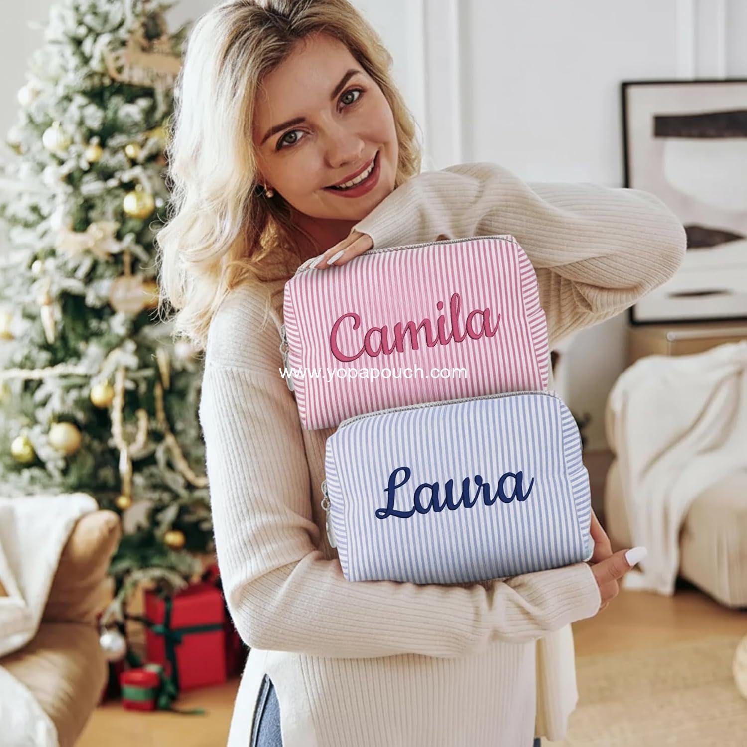 Wholesale Personalized Seersucker Makeup Bag with Embroidered Name & Birth Flower, Custom Small Travel Cosmetic & Toiletry Bag, Wedding Gifts for Bridesmaid or Bride (Makeup Bag with Name) Supplier Wholesale Personalized Seersucker Makeup Bag with Embroidered Name & Birth Flower, Custom Small Travel Cosmetic & Toiletry Bag, Wedding Gifts for Bridesmaid or Bride (Makeup Bag with Name) Supplier