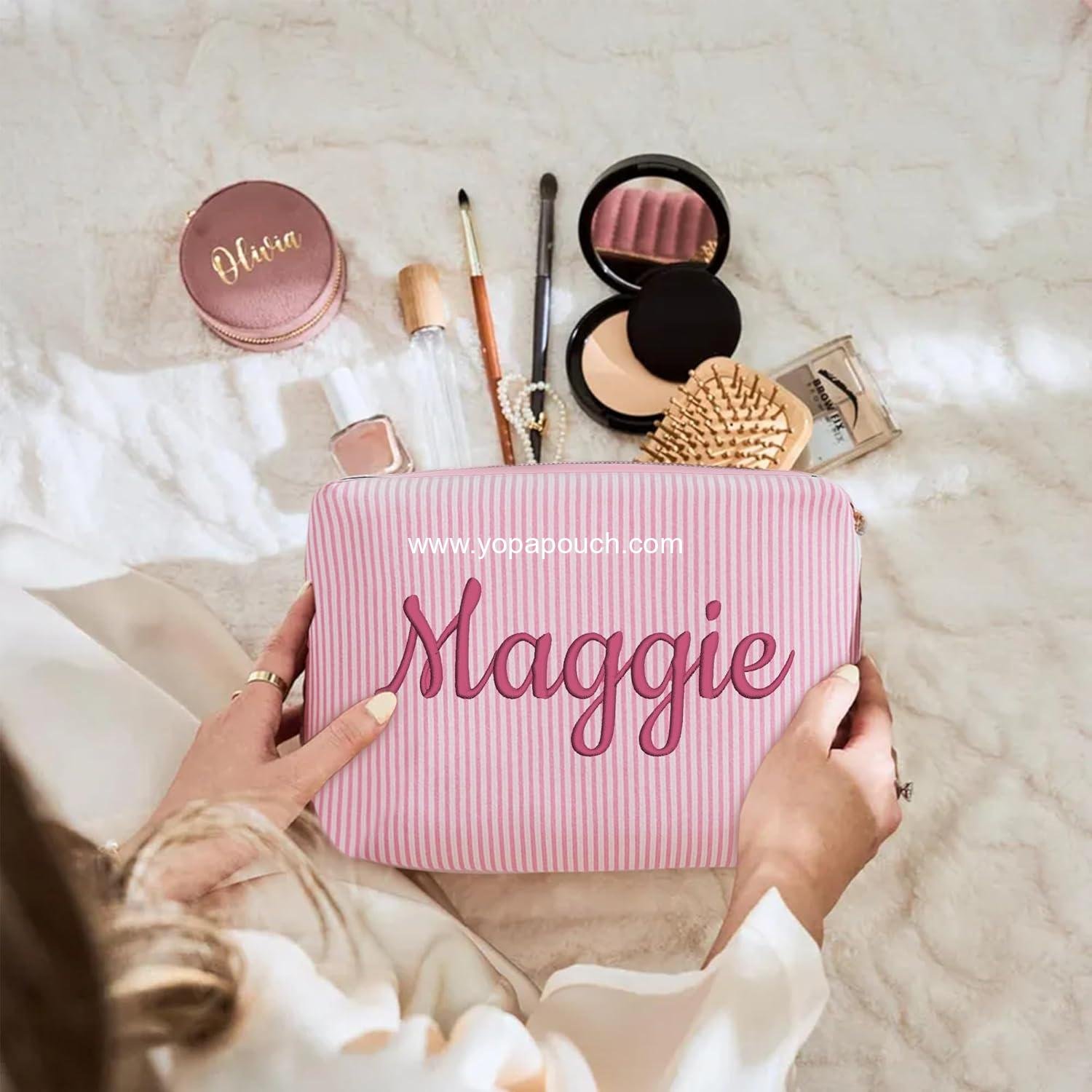 Wholesale Personalized Seersucker Makeup Bag with Embroidered Name & Birth Flower, Custom Small Travel Cosmetic & Toiletry Bag, Wedding Gifts for Bridesmaid or Bride (Makeup Bag with Name) Supplier Wholesale Personalized Seersucker Makeup Bag with Embroidered Name & Birth Flower, Custom Small Travel Cosmetic & Toiletry Bag, Wedding Gifts for Bridesmaid or Bride (Makeup Bag with Name) Supplier