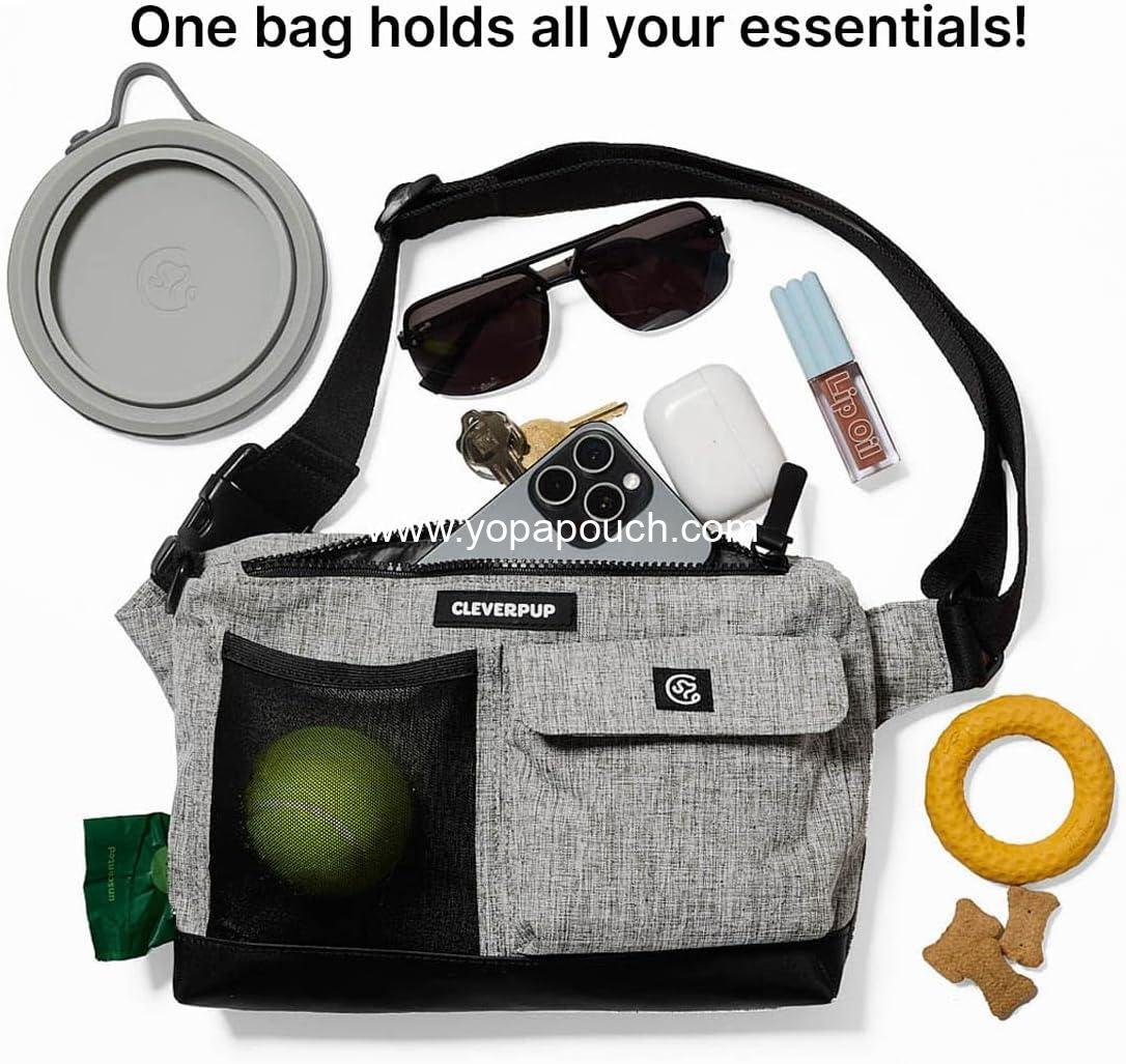 Wholesale Dog Walk & Train Sling Bag - Hands-Free 2-in-1 Treat Pouch, Poop Bag Holder, Clicker, Phone Pocket - Adjustable Crossbody/Fanny Pack in Heather Grey Supplier