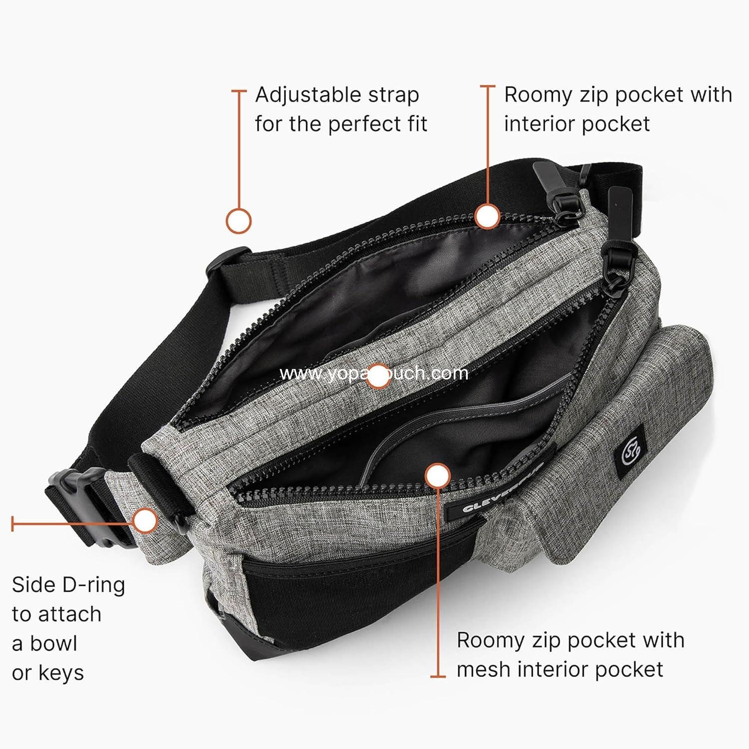 Wholesale Dog Walk & Train Sling Bag - Hands-Free 2-in-1 Treat Pouch, Poop Bag Holder, Clicker, Phone Pocket - Adjustable Crossbody/Fanny Pack in Heather Grey Supplier