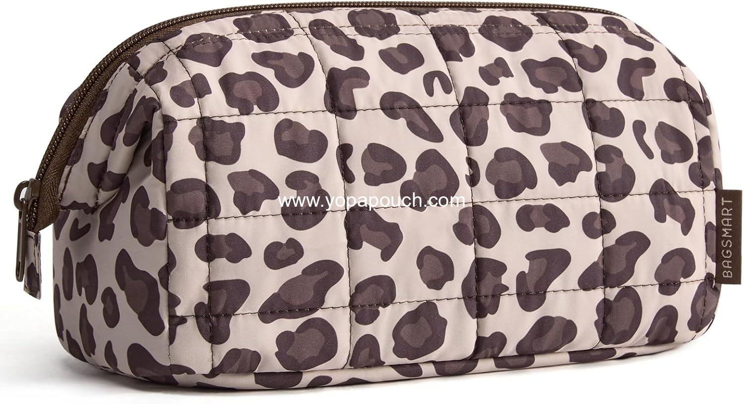 BAGSMART Makeup Bag Travel Toiletry Bag, Puffy Padded Make Up Bags for Women Makeup Organizer Case, Wide-open Pouch Purse Travel Essentials Toiletries Accessories Brushes, Leopard