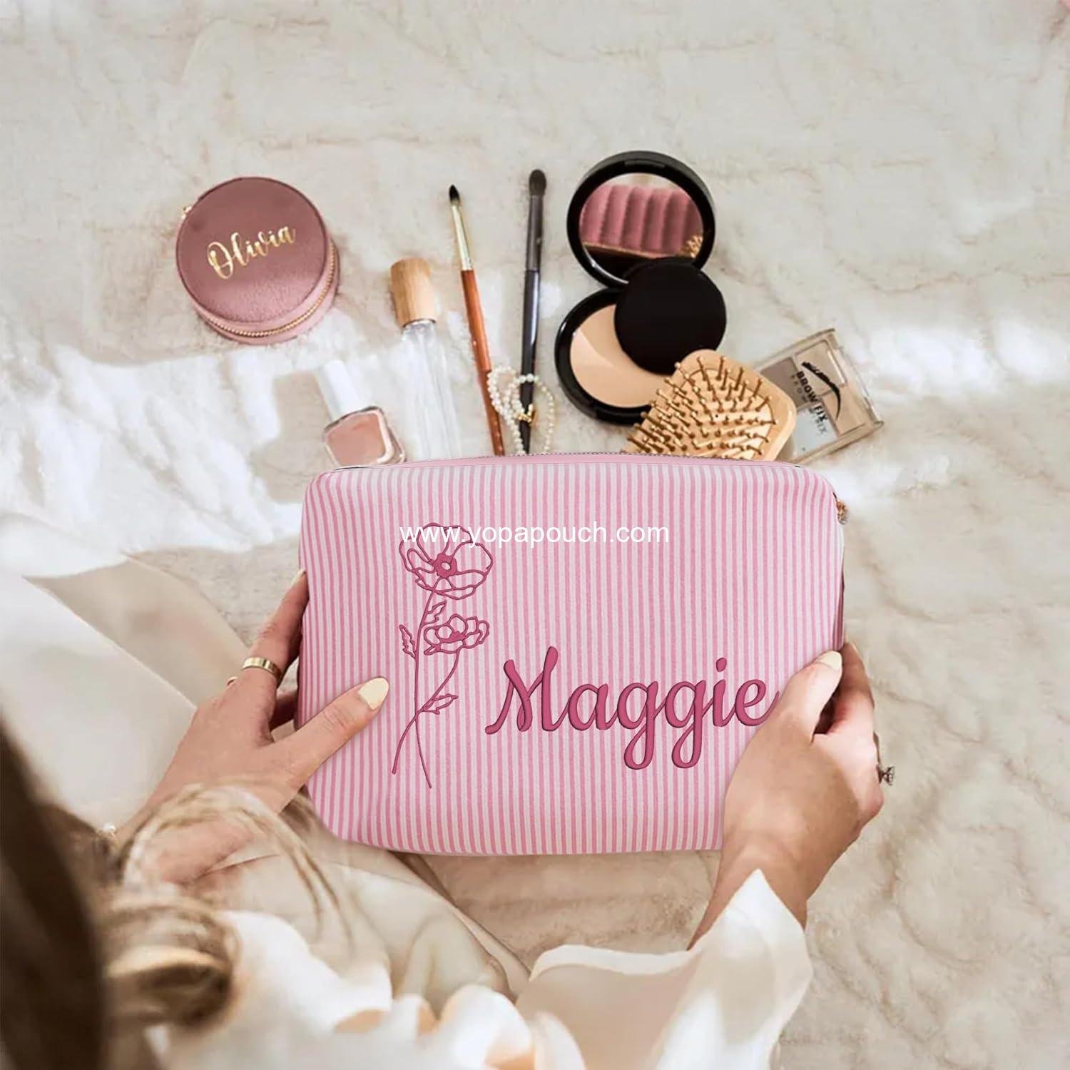 OEM Personalized Seersucker Makeup Bag with Embroidered Name and Birth Flower, Custom Small Travel Cosmetic Toiletry Bag Wedding Gifts for Bridesmaid Bride (Makeup Bag with Birth Flower) Supplier