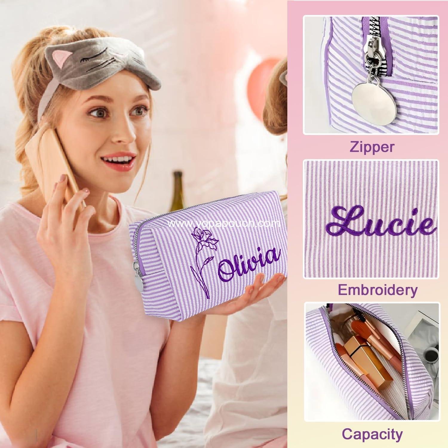 OEM Personalized Seersucker Makeup Bag with Embroidered Name and Birth Flower, Custom Small Travel Cosmetic Toiletry Bag Wedding Gifts for Bridesmaid Bride (Makeup Bag with Birth Flower) Supplier