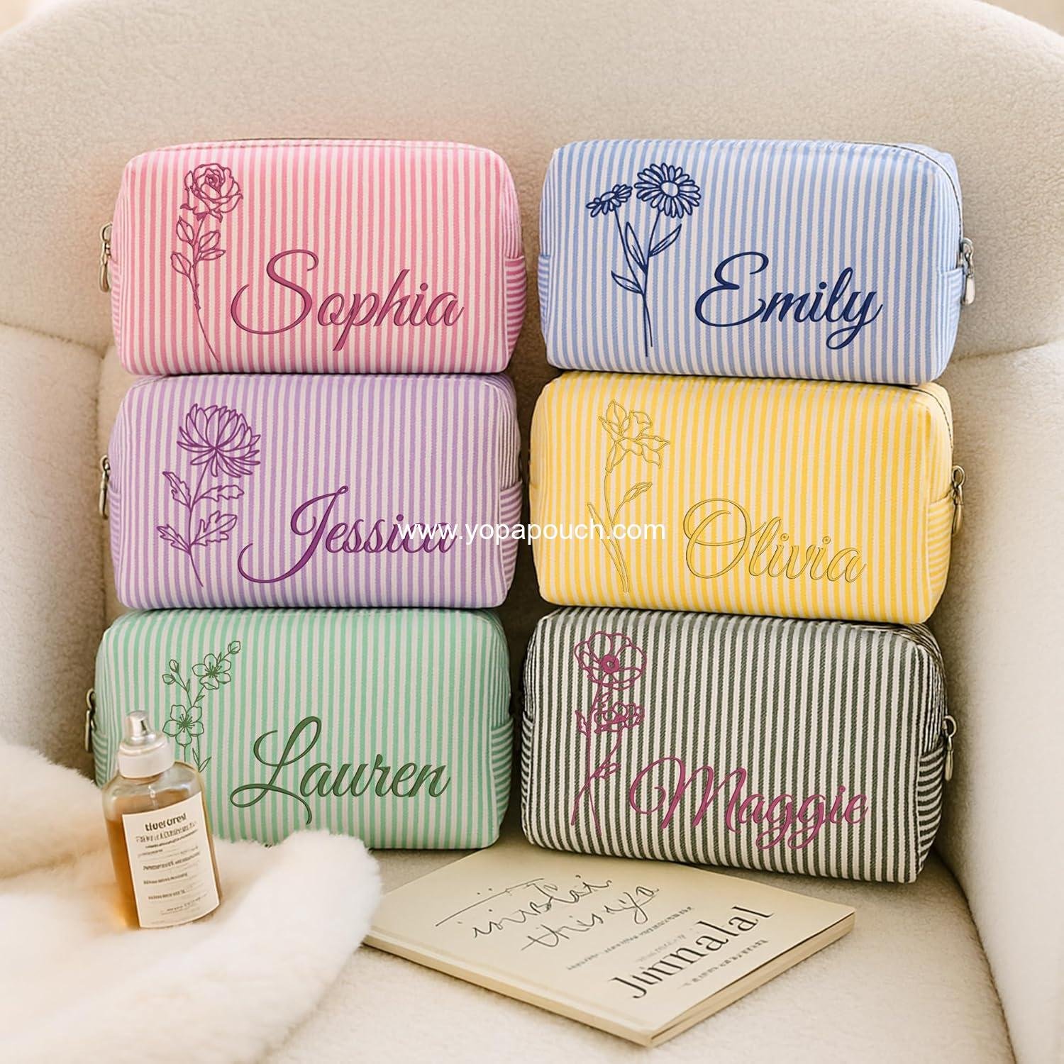 OEM Personalized Seersucker Makeup Bag with Embroidered Name and Birth Flower, Custom Small Travel Cosmetic Toiletry Bag Wedding Gifts for Bridesmaid Bride (Makeup Bag with Birth Flower) Supplier
