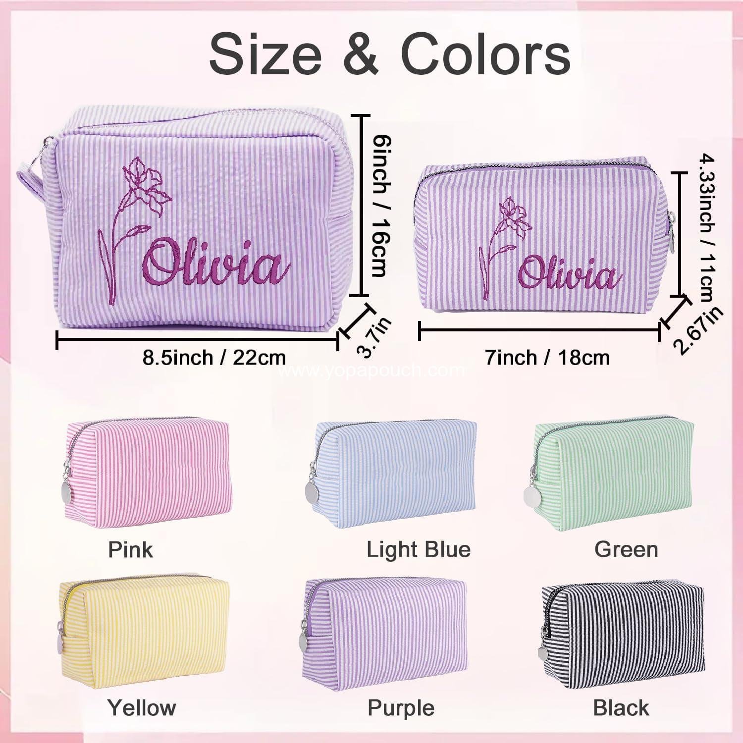 OEM Personalized Seersucker Makeup Bag with Embroidered Name and Birth Flower, Custom Small Travel Cosmetic Toiletry Bag Wedding Gifts for Bridesmaid Bride (Makeup Bag with Birth Flower) Supplier