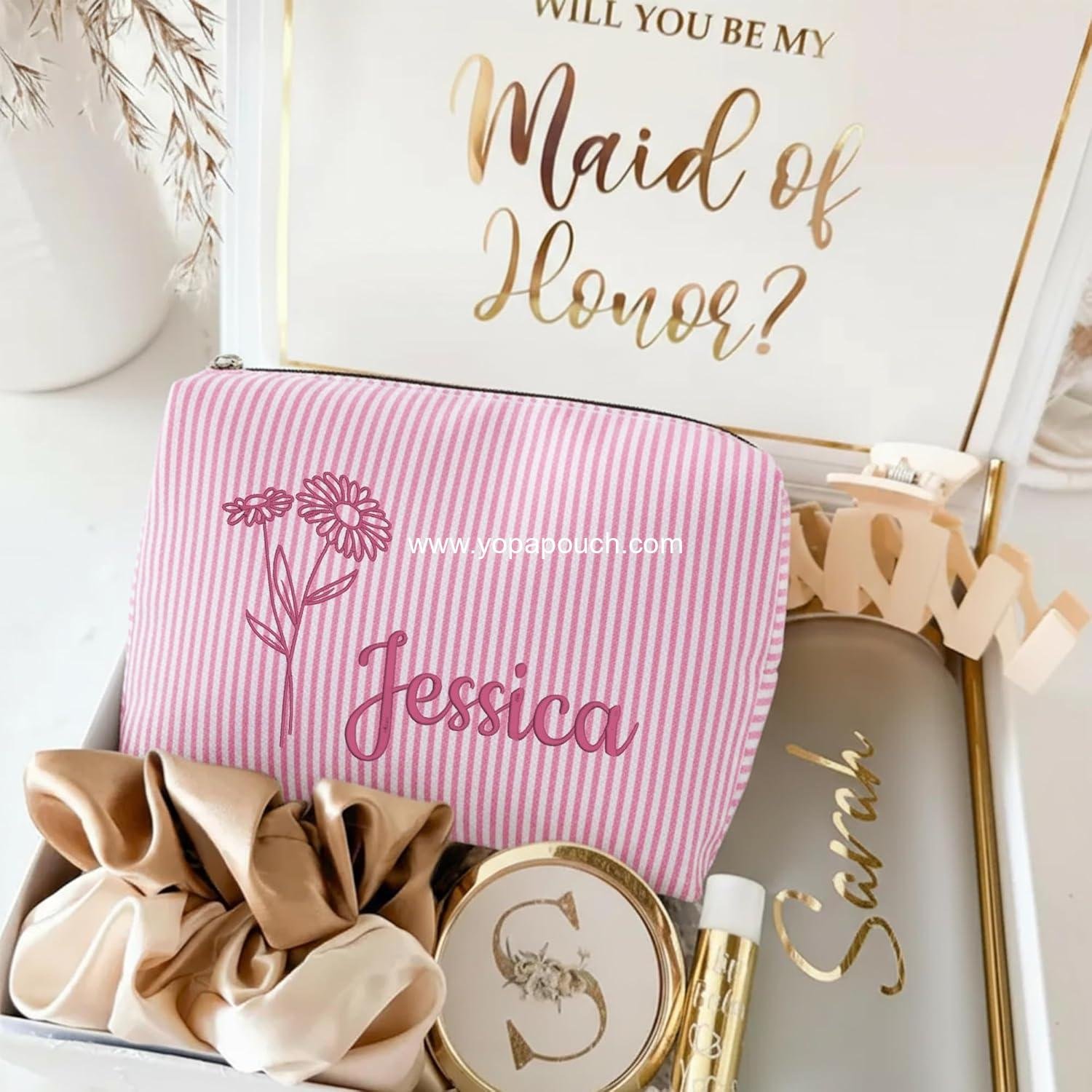 OEM Personalized Seersucker Makeup Bag with Embroidered Name and Birth Flower, Custom Small Travel Cosmetic Toiletry Bag Wedding Gifts for Bridesmaid Bride (Makeup Bag with Birth Flower) Supplier