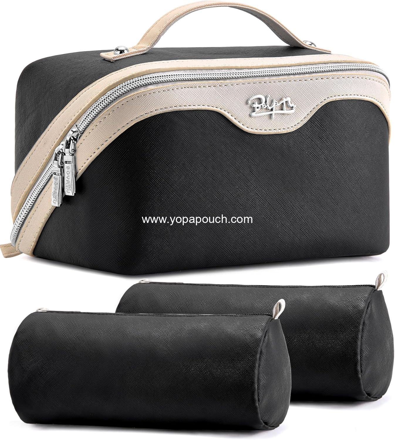 BOYATU Travel Makeup Bag Organizer Cosmetic Bag: 3 Pcs Set Make up Bags for Women with Handle - Waterproof Vegan Leather Toiletry Bags Travel Essentials Pouch with Compartments (04-Black)