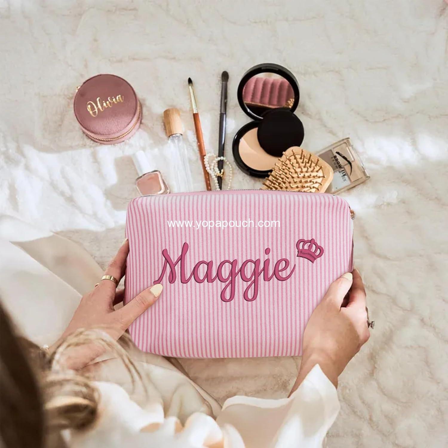 Wholesale Personalized Seersucker Makeup Bag with Embroidered Name and Birth Flower, Custom Small Travel Cosmetic and Toiletry Bag, Wedding Gifts for Bridesmaids and Brides (4-Makeup Bag with Crown) Supplier