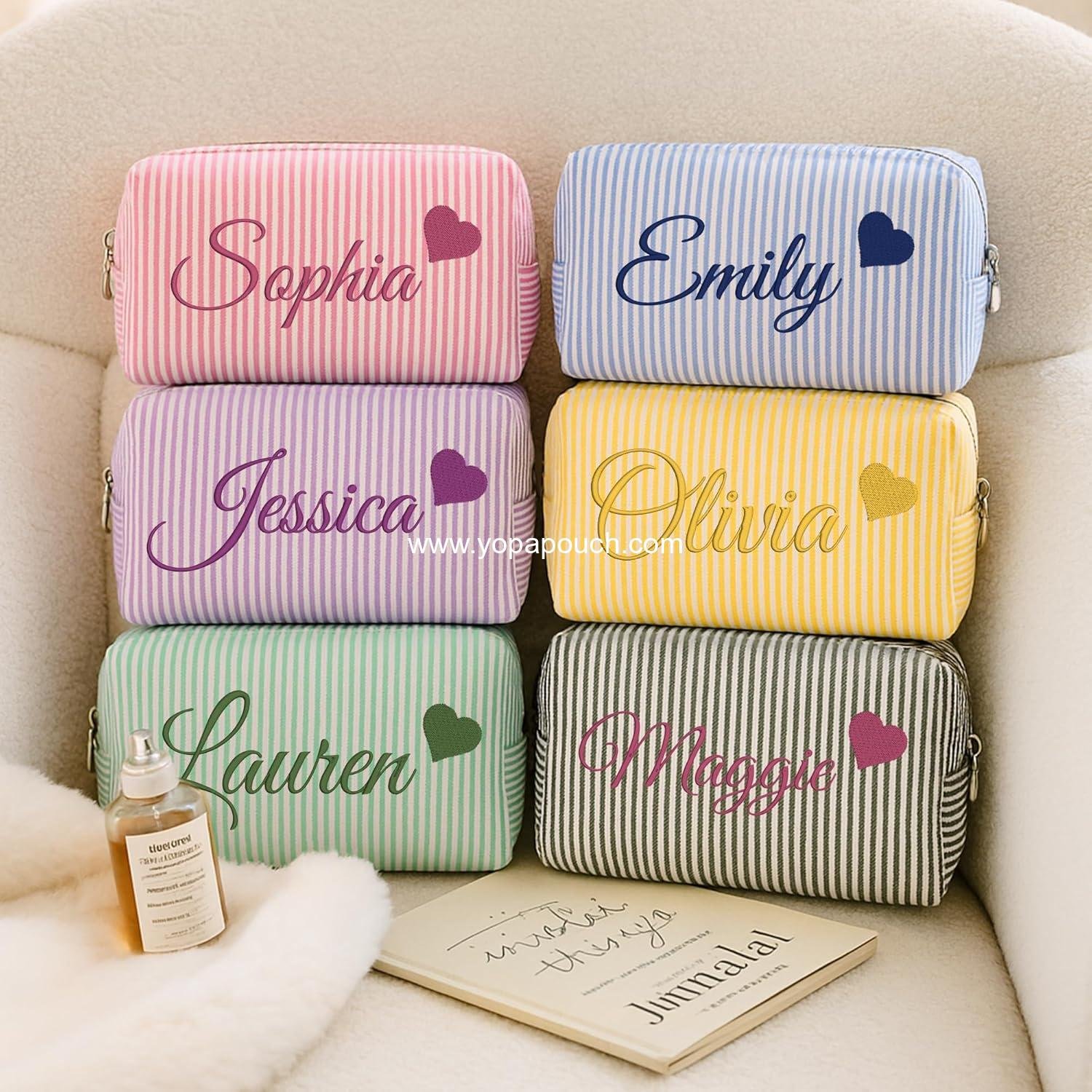 Wholesale Personalized Seersucker Makeup Bag with Embroidered Name and Birth Flower, Custom Small Travel Cosmetic and Toiletry Bag, Wedding Gifts for Bridesmaids and Brides (4-Makeup Bag with Crown) Supplier