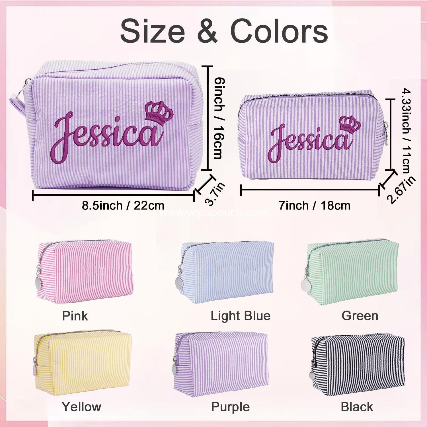 Wholesale Personalized Seersucker Makeup Bag with Embroidered Name and Birth Flower, Custom Small Travel Cosmetic and Toiletry Bag, Wedding Gifts for Bridesmaids and Brides (4-Makeup Bag with Crown) Supplier