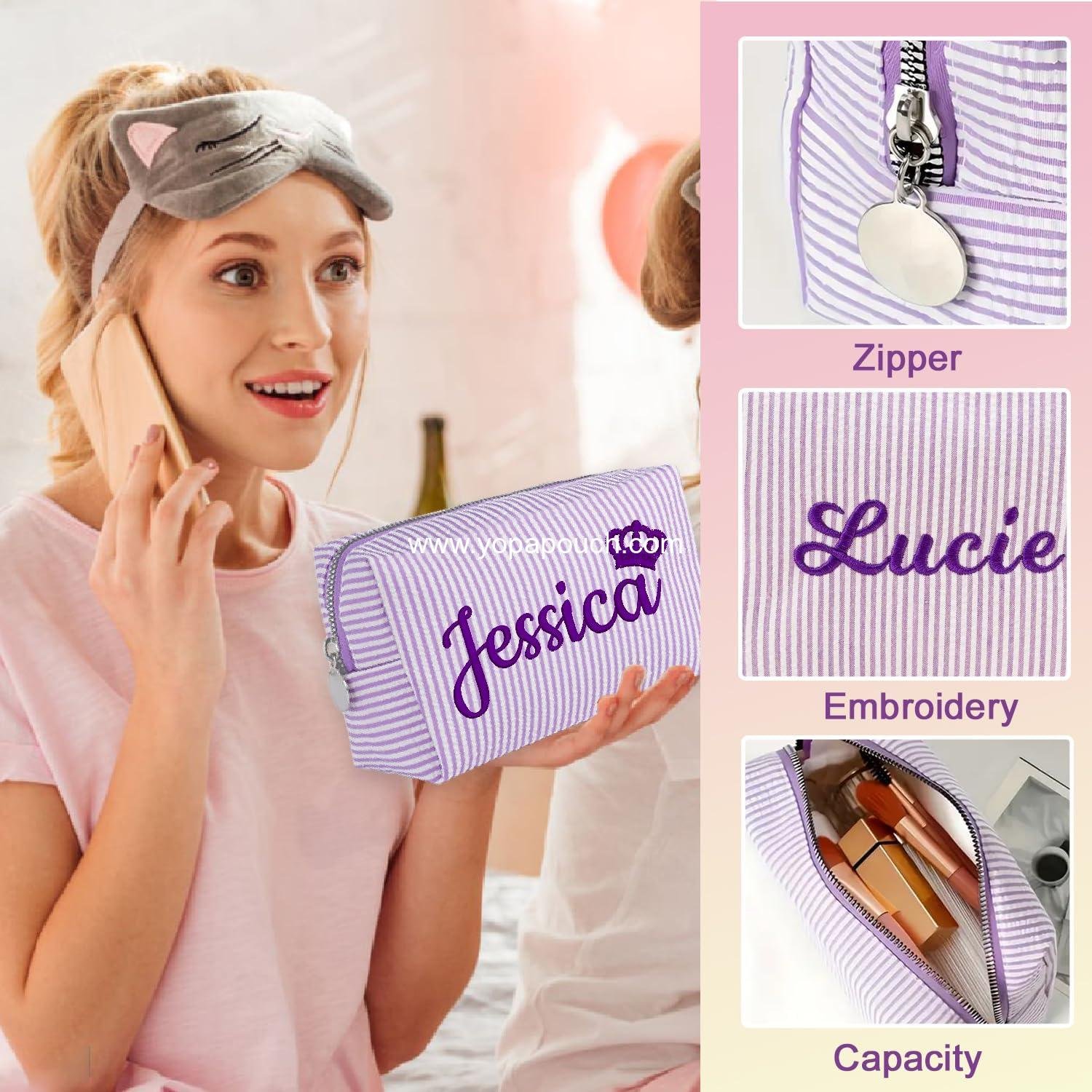 Wholesale Personalized Seersucker Makeup Bag with Embroidered Name and Birth Flower, Custom Small Travel Cosmetic and Toiletry Bag, Wedding Gifts for Bridesmaids and Brides (4-Makeup Bag with Crown) Supplier