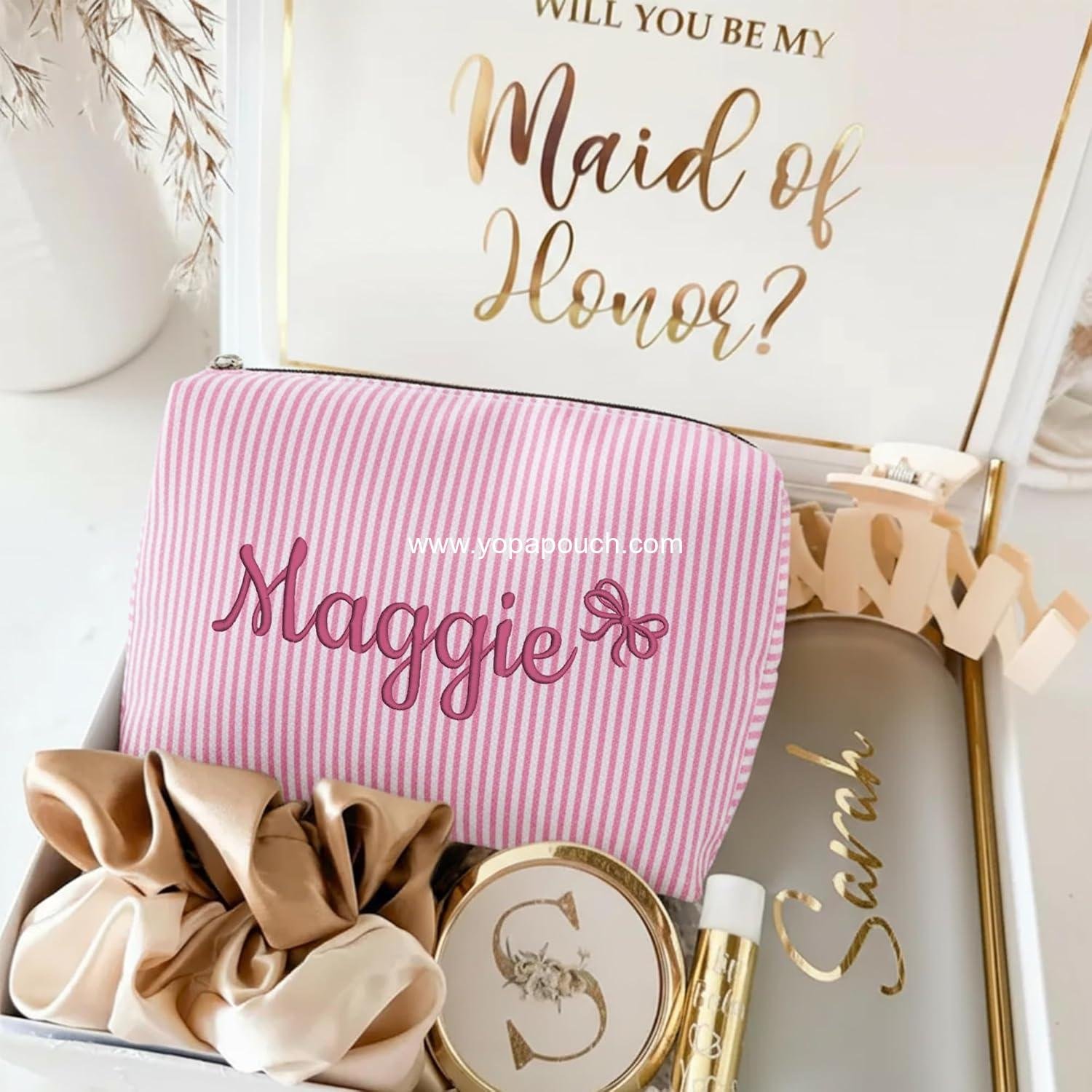 Wholesale Personalized Seersucker Makeup Bag with Embroidered Name and Birth Flower, Custom Small Travel Cosmetic and Toiletry Bag, Wedding Gifts for Bridesmaids and Brides (4-Makeup Bag with Crown) Supplier