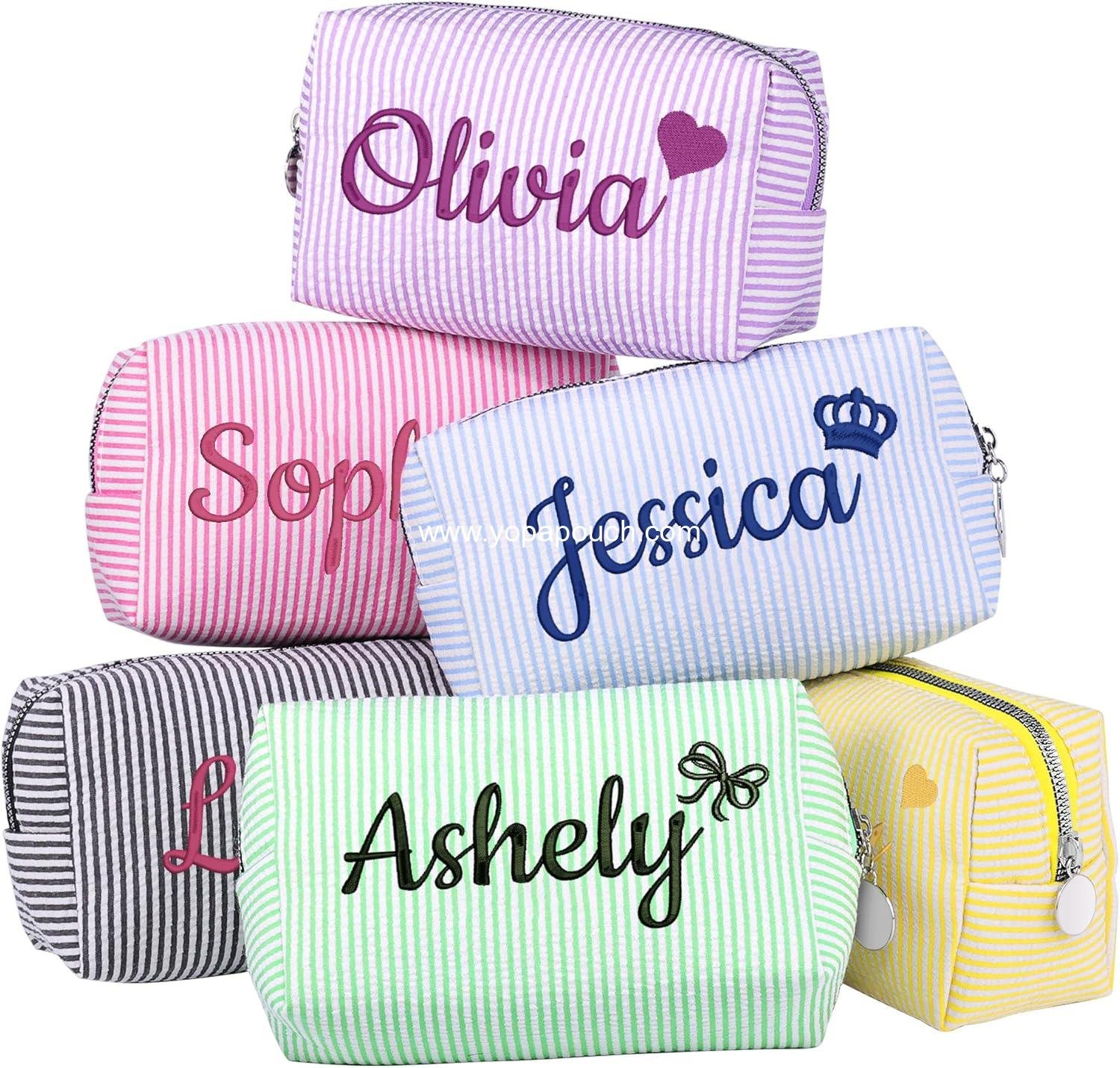 Personalized Seersucker Makeup Bag with Embroidered Name&Birth Flower,Custom Small Travel Cosmetic Bag Toiletry Bag Wedding Gifts for Bridesmaid Bride (4-Makeup Bag with Crown)