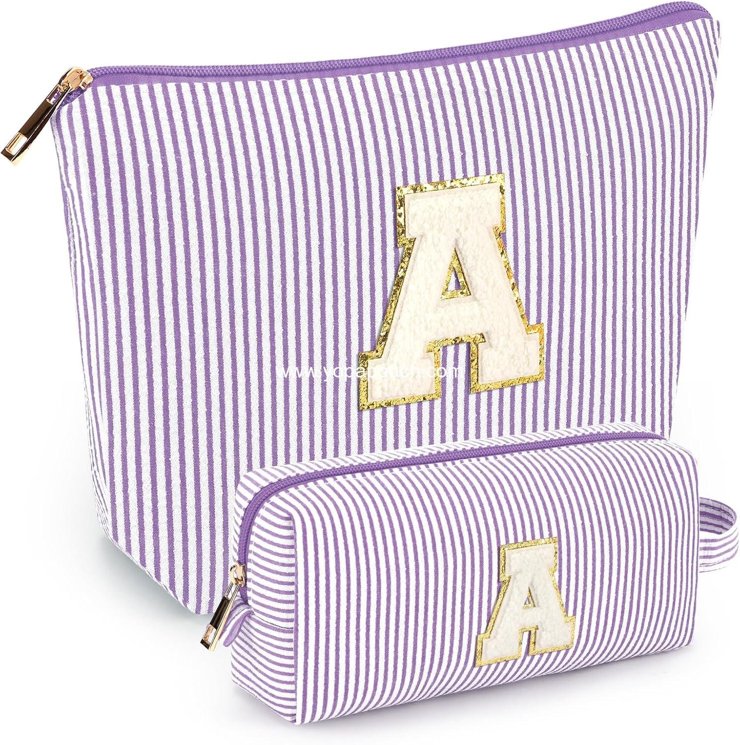 2 PCS Initial Makeup Bags for Women: Cosmetic Bag for Travel Toiletry - Birthday Gifts for 11 12 13 14 15 16 17 18 Years Old Girl Graduation Teacher Gift- Teen Girl Gifts Trendy Stuff - Purple A