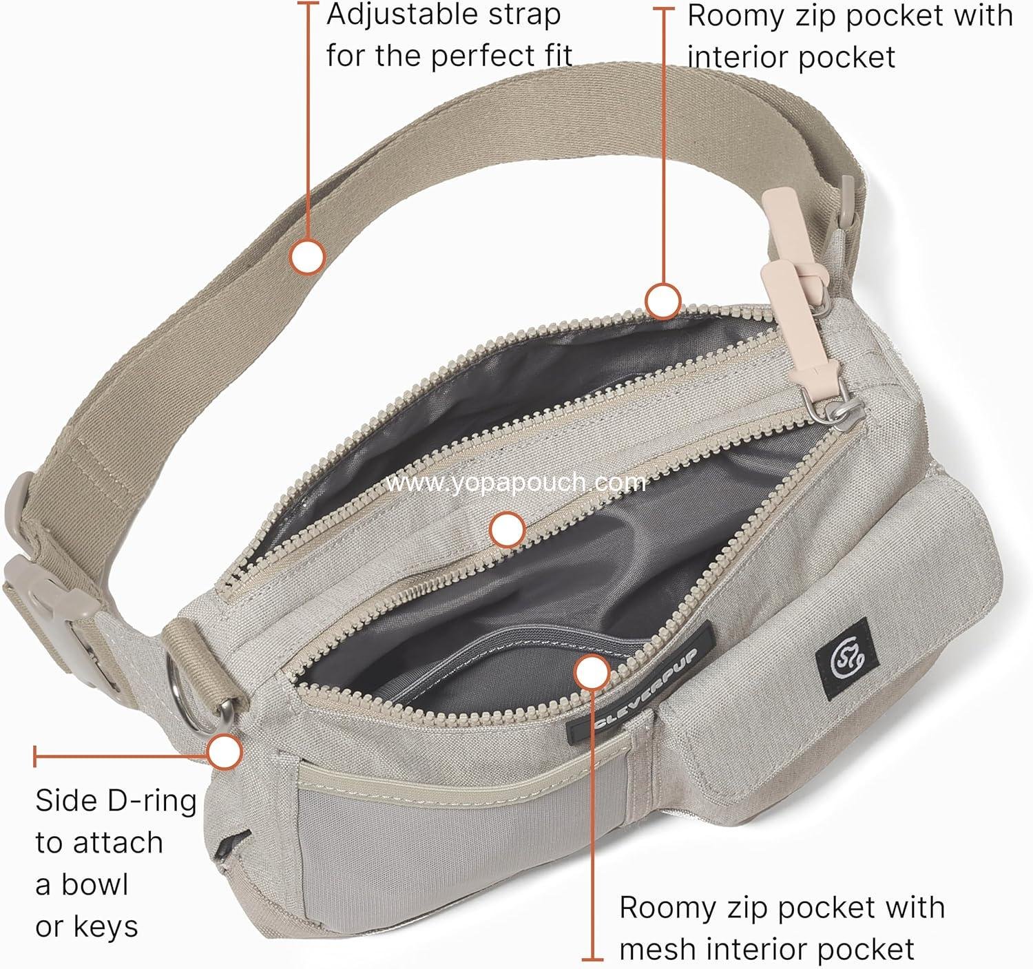 Wholesale Dog Walk & Train Sling Bag - Hands-Free 2-in-1 Treat Pouch, Poop Bag Holder, Clicker, Phone Pocket - Crossbody/Fanny Pack with Adjustable Strap - Sand Supplier