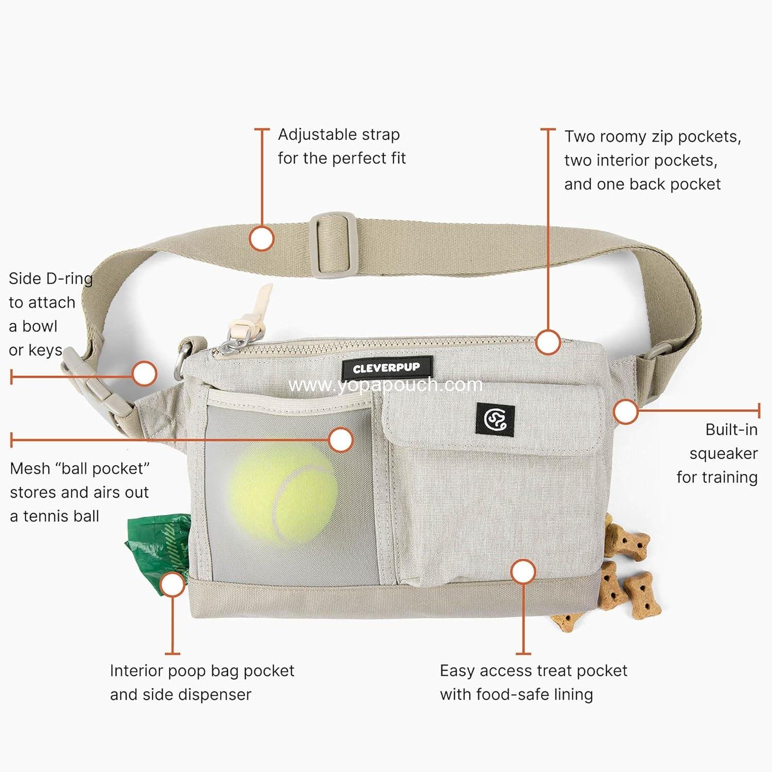 Wholesale Dog Walk & Train Sling Bag - Hands-Free 2-in-1 Treat Pouch, Poop Bag Holder, Clicker, Phone Pocket - Crossbody/Fanny Pack with Adjustable Strap - Sand Supplier