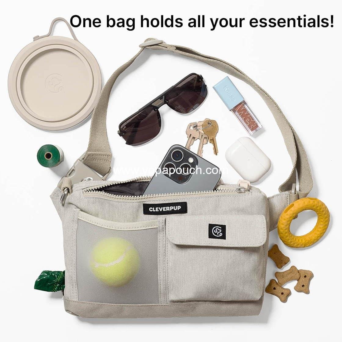 Wholesale Dog Walk & Train Sling Bag - Hands-Free 2-in-1 Treat Pouch, Poop Bag Holder, Clicker, Phone Pocket - Crossbody/Fanny Pack with Adjustable Strap - Sand Supplier