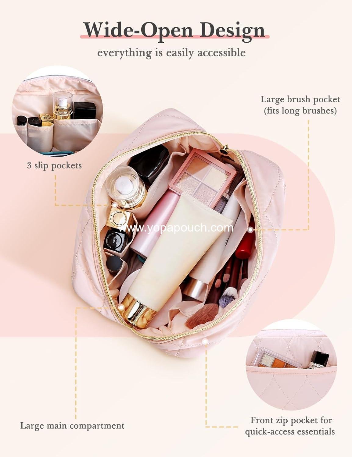 OEM Travel Cosmetic Bag, Puffy Padded Toiletry Bag for Women, Makeup Organizer Case, Wide-open Pouch Purse, Travel Essentials, Wholesale Supplier