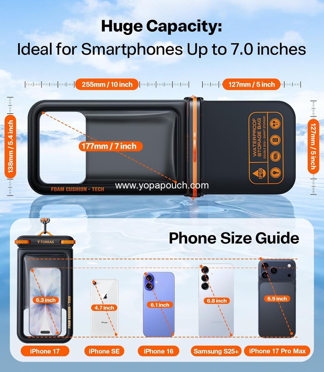 Wholesale IP68 Waterproof Phone Pouch Double Space Floating Case with Lanyard for iPhone 17 Pro Max 16 15 14 S25 S24, 7.0