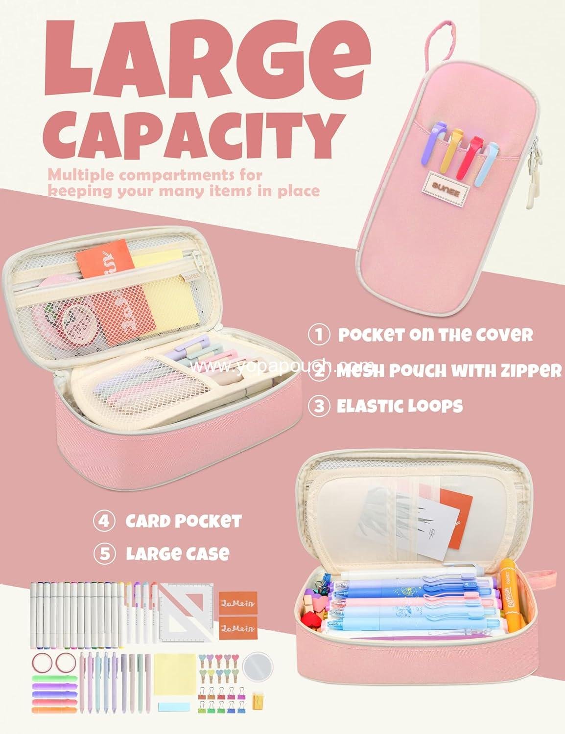 Wholesale Aesthetic Large Pencil Case, Cute Zipper Pen Pouch, Kawaii Stationery Organizer, Pink School Supplies for Teens and Adults - Manufacturer