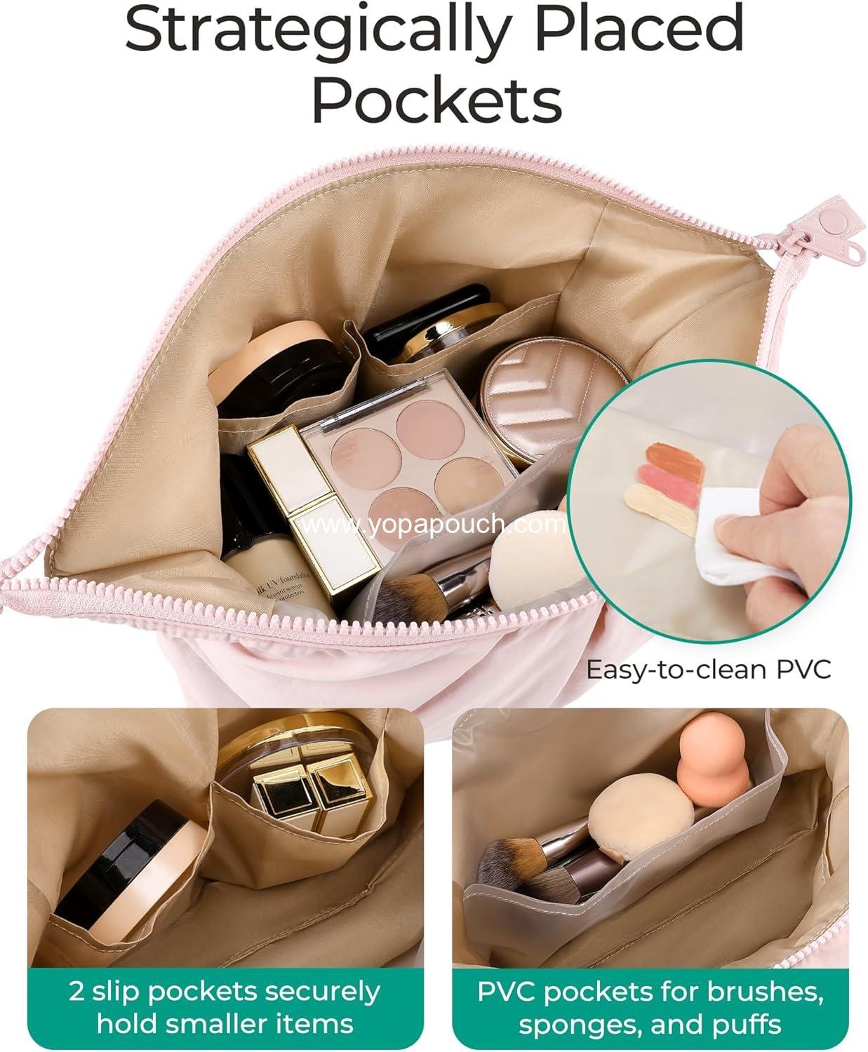 Wholesale Large Capacity Makeup Bag for Women, Cute Travel Toiletry Organizer, Wide-Open Cosmetic Pouch for Essentials, Brushes (Pink) Manufacturer