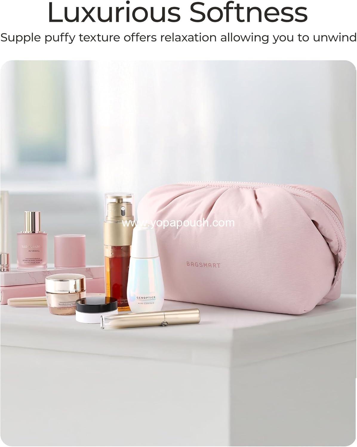 Wholesale Large Capacity Makeup Bag for Women, Cute Travel Toiletry Organizer, Wide-Open Cosmetic Pouch for Essentials, Brushes (Pink) Manufacturer