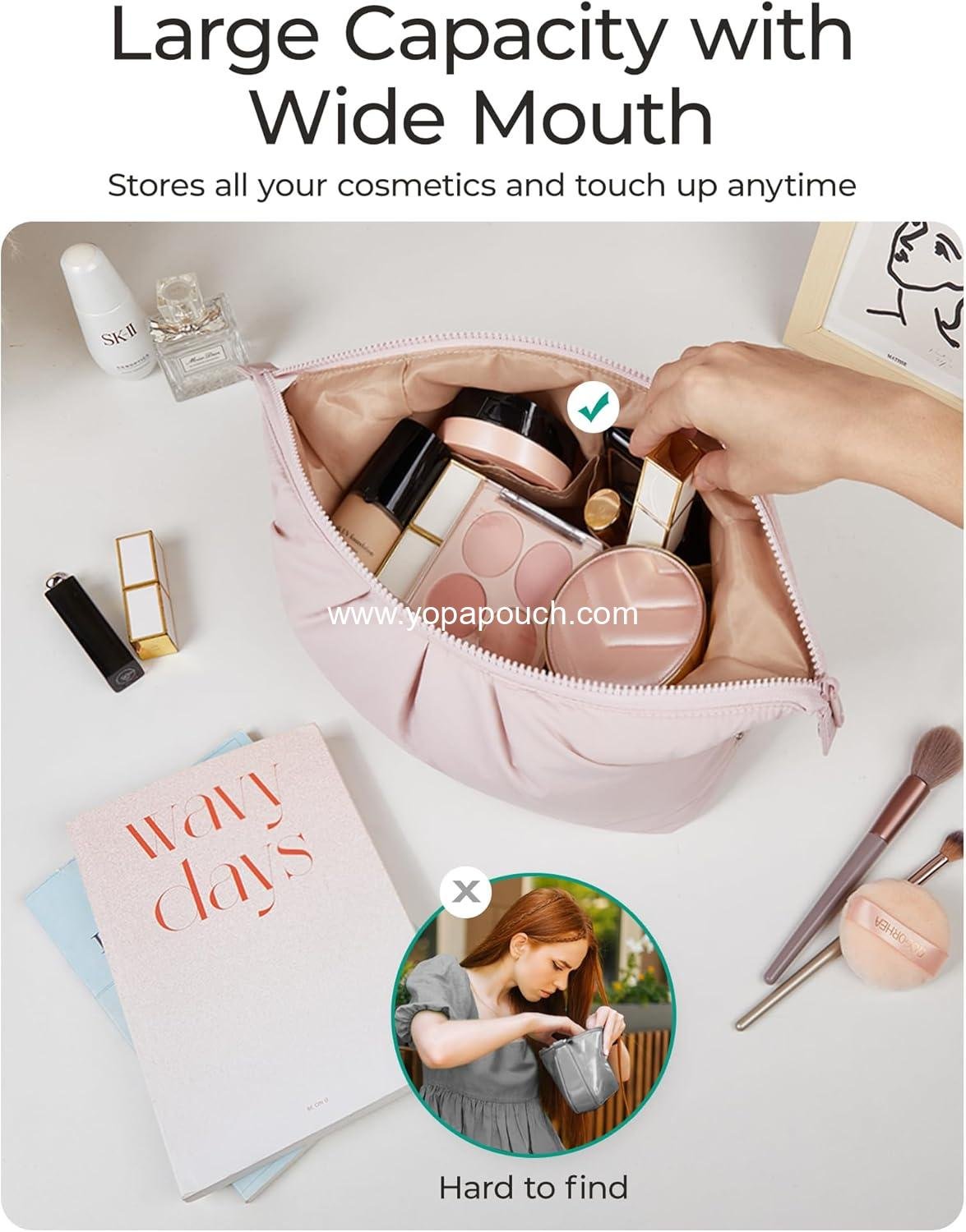 Wholesale Large Capacity Makeup Bag for Women, Cute Travel Toiletry Organizer, Wide-Open Cosmetic Pouch for Essentials, Brushes (Pink) Manufacturer