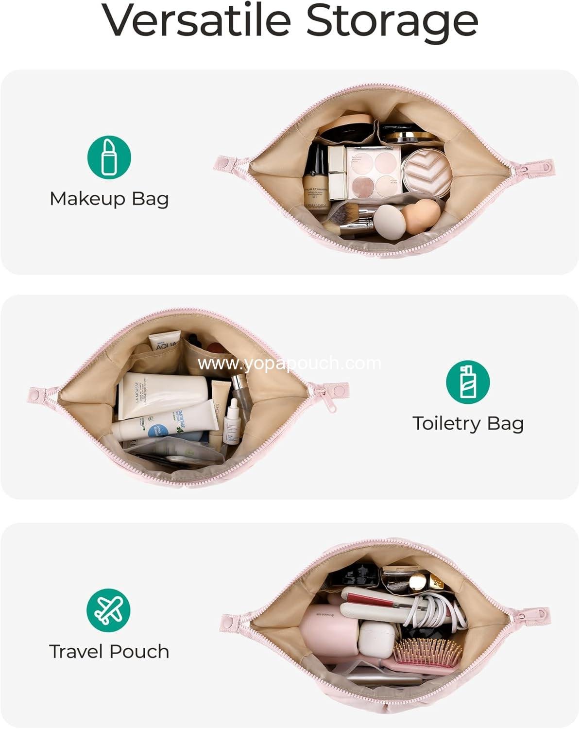 Wholesale Large Capacity Makeup Bag for Women, Cute Travel Toiletry Organizer, Wide-Open Cosmetic Pouch for Essentials, Brushes (Pink) Manufacturer