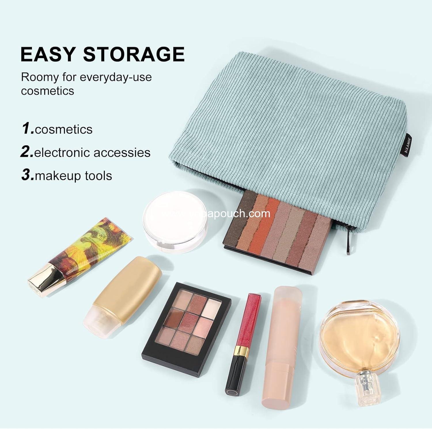 Wholesale Portable Cosmetic Bag for Travel, Small Makeup Pouch in Green, Corduroy Versatile Zipper Pouch for Women, Manufacturer