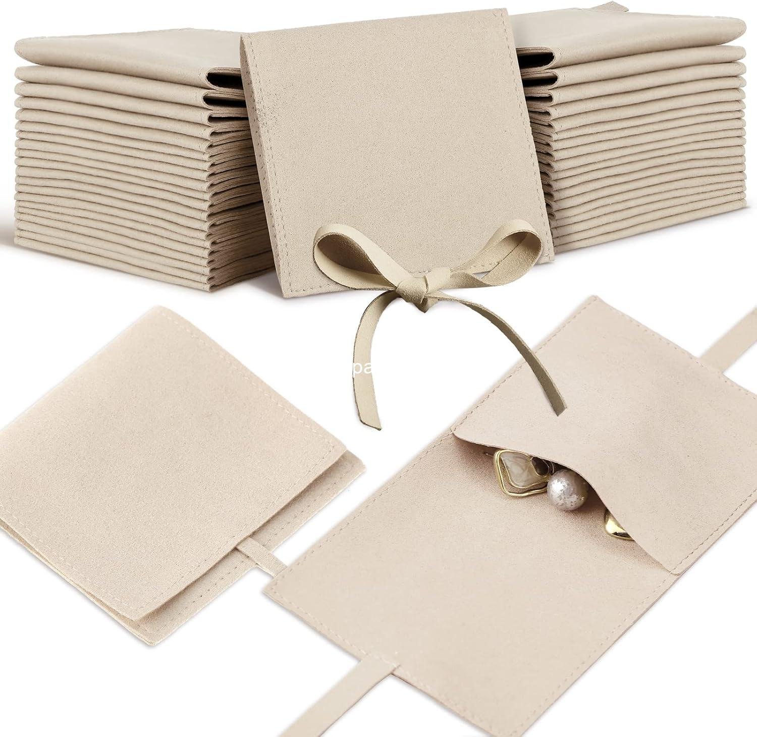 Lothee 40 Pcs Microfiber Jewelry Pouch 8x8 cm Jewelry Packaging Luxury Small Gift Bags Bow Tie Microfiber Bag for Bracelet Necklace Packaging,Envelope Style with String and Divider(Beige)
