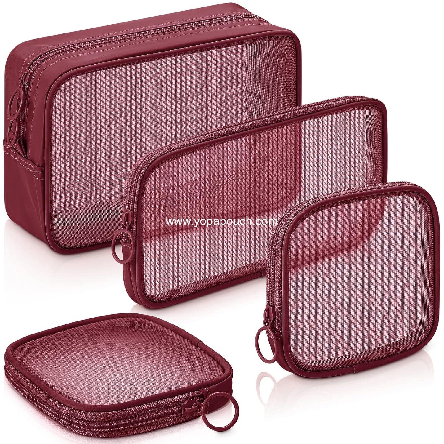 Wholesale Mesh Makeup Bags - 4 Pcs Travel Toiletry Pouches with Zipper - Mini Cosmetic Purse Set (Small, Medium, Large, Wine Red) - Supplier