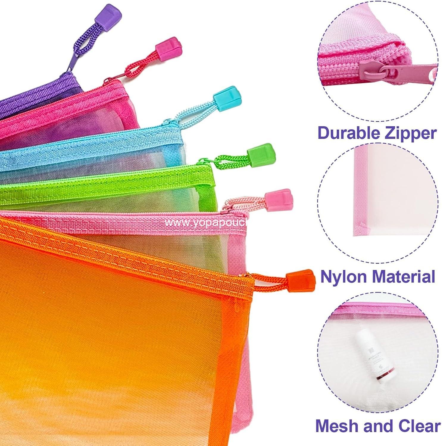 Wholesale Mesh Pouches (6 Pack) - Zippered Nylon Makeup Bags, Cosmetic Travel Organizer, Diaper Bag Insert, See-Through Design, Cute Colors, Supplier