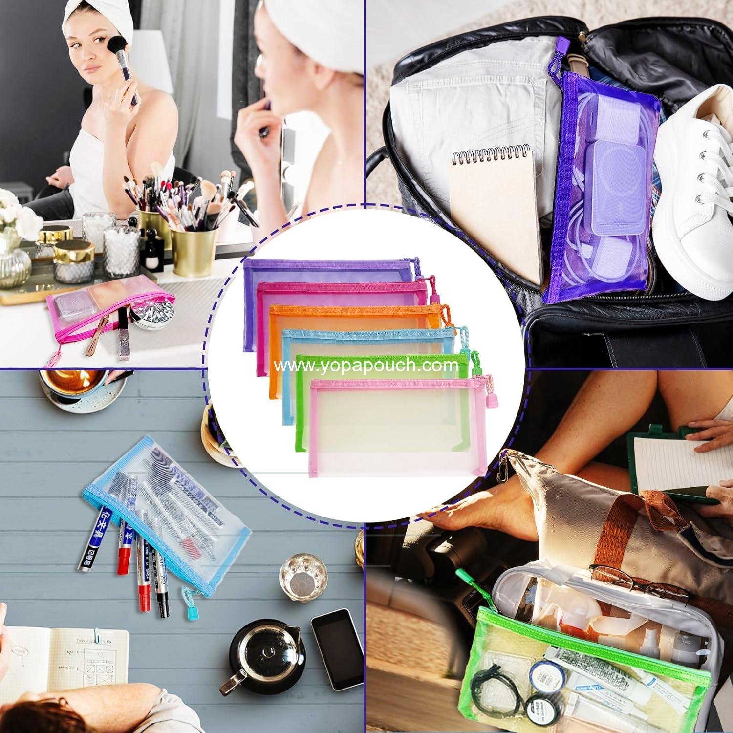 Wholesale Mesh Pouches (6 Pack) - Zippered Nylon Makeup Bags, Cosmetic Travel Organizer, Diaper Bag Insert, See-Through Design, Cute Colors, Supplier