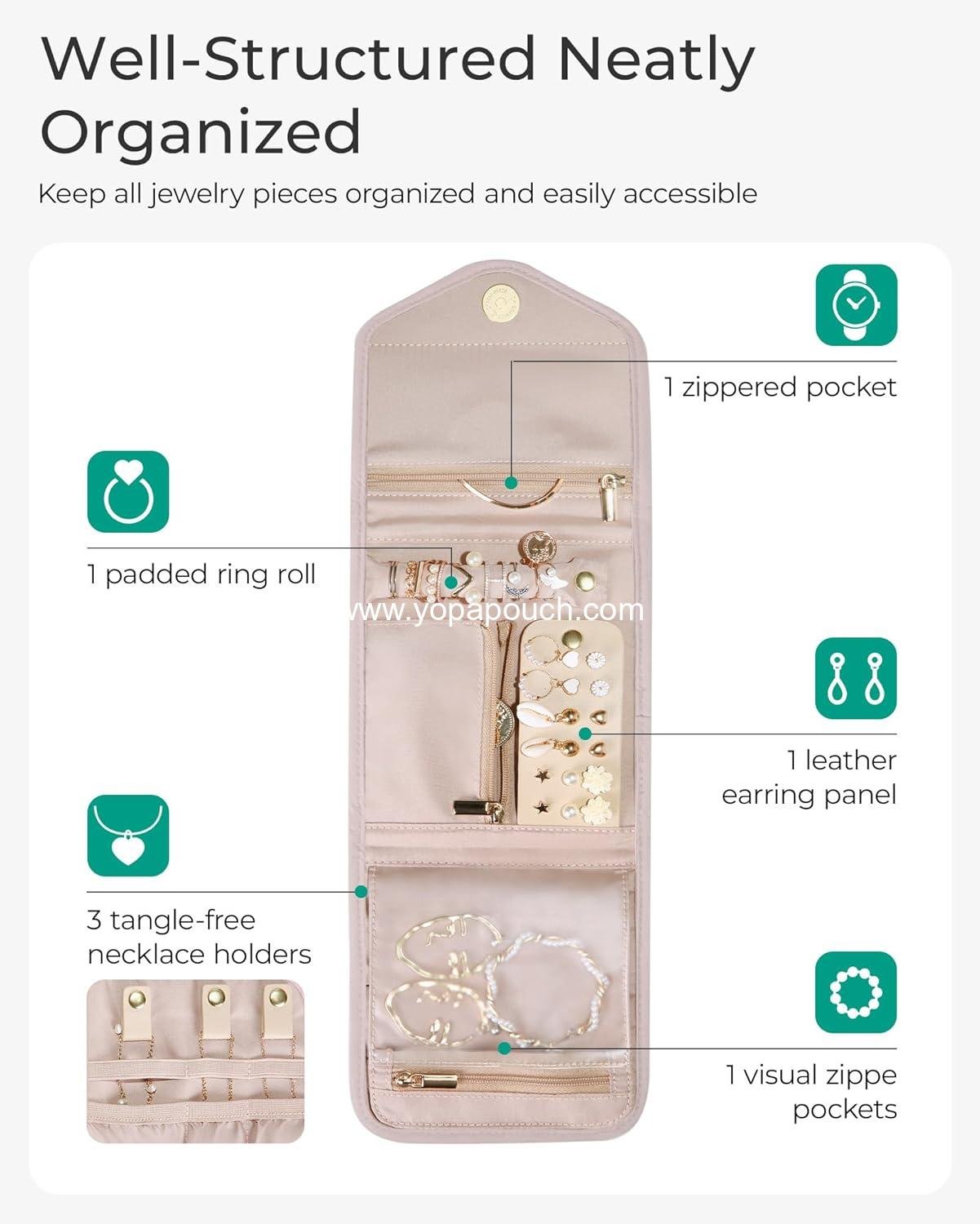 Wholesale Mini Travel Jewelry Organizer Case - Foldable Soft Pink Roll for Rings, Necklaces, Earrings, Bracelets - Supplier