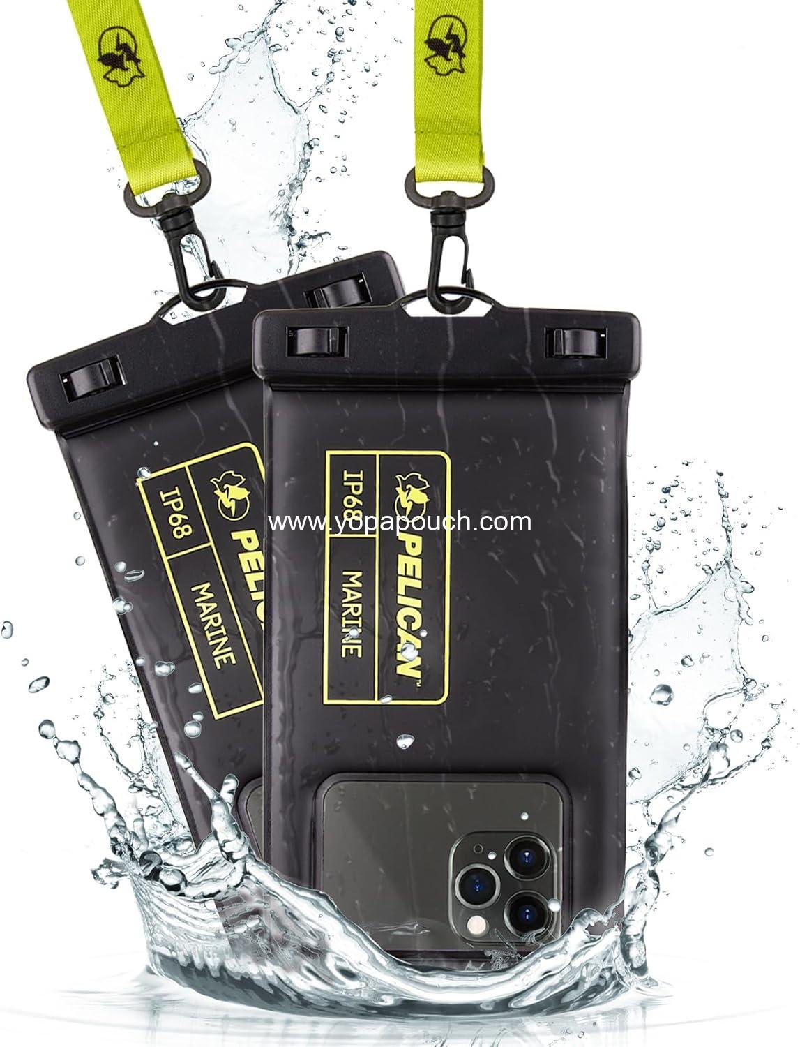 Pelican 2 Pack Marine - IP68 Waterproof Phone Pouch (Regular Size) Floating Waterproof Phone Case - Beach Cruise Ship Travel Essentials - Works w/All Phones - Detachable Lanyard - Black/Hi-Vis Yellow